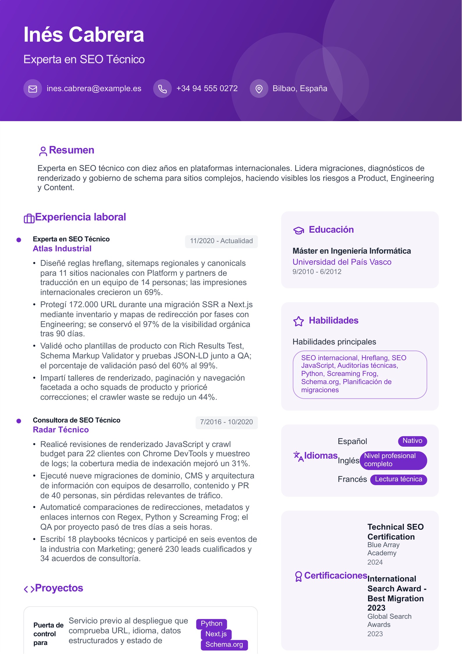 Currículum de Experto SEO - ejemplo en español