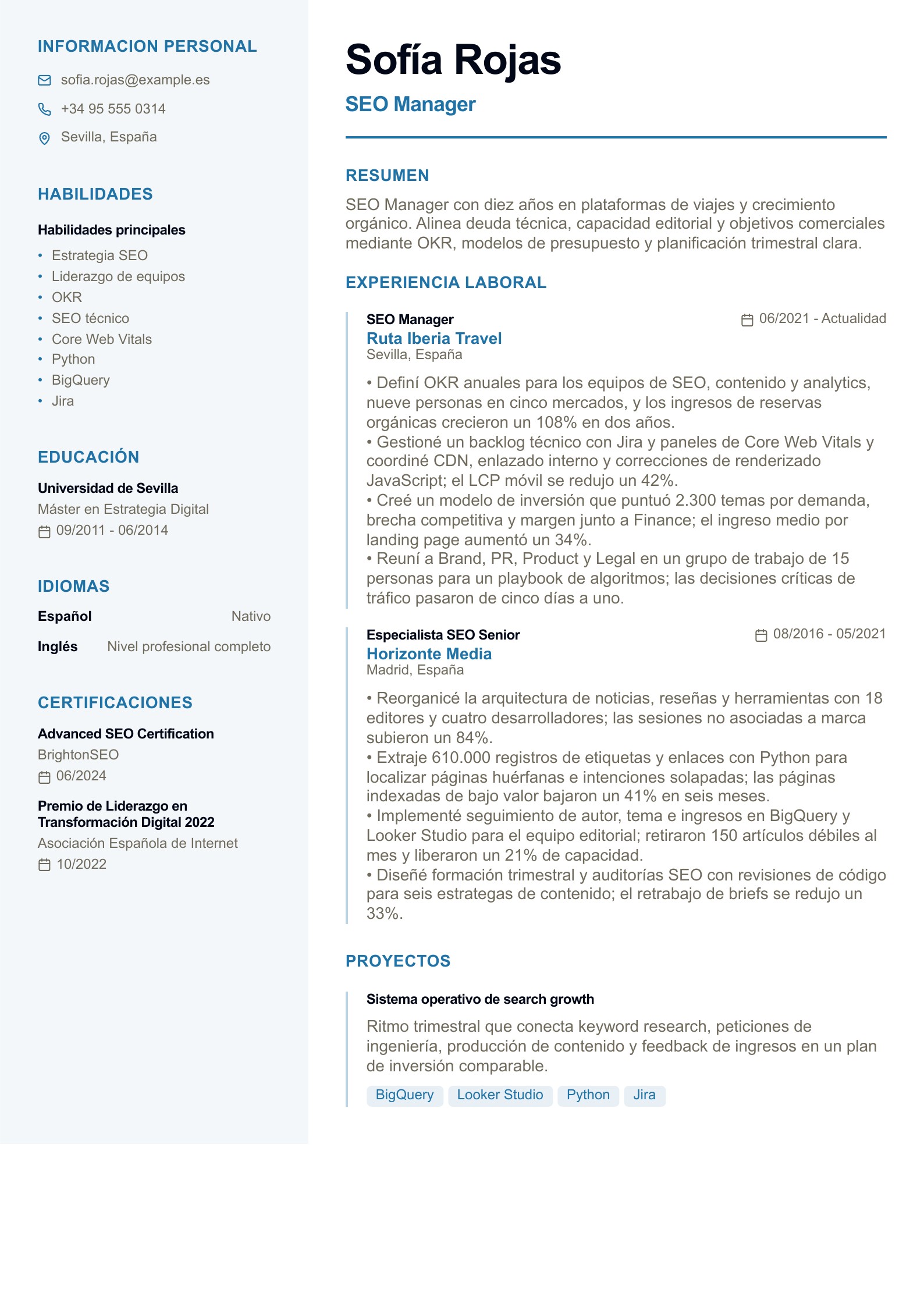 Currículum de SEO Manager - ejemplo en español