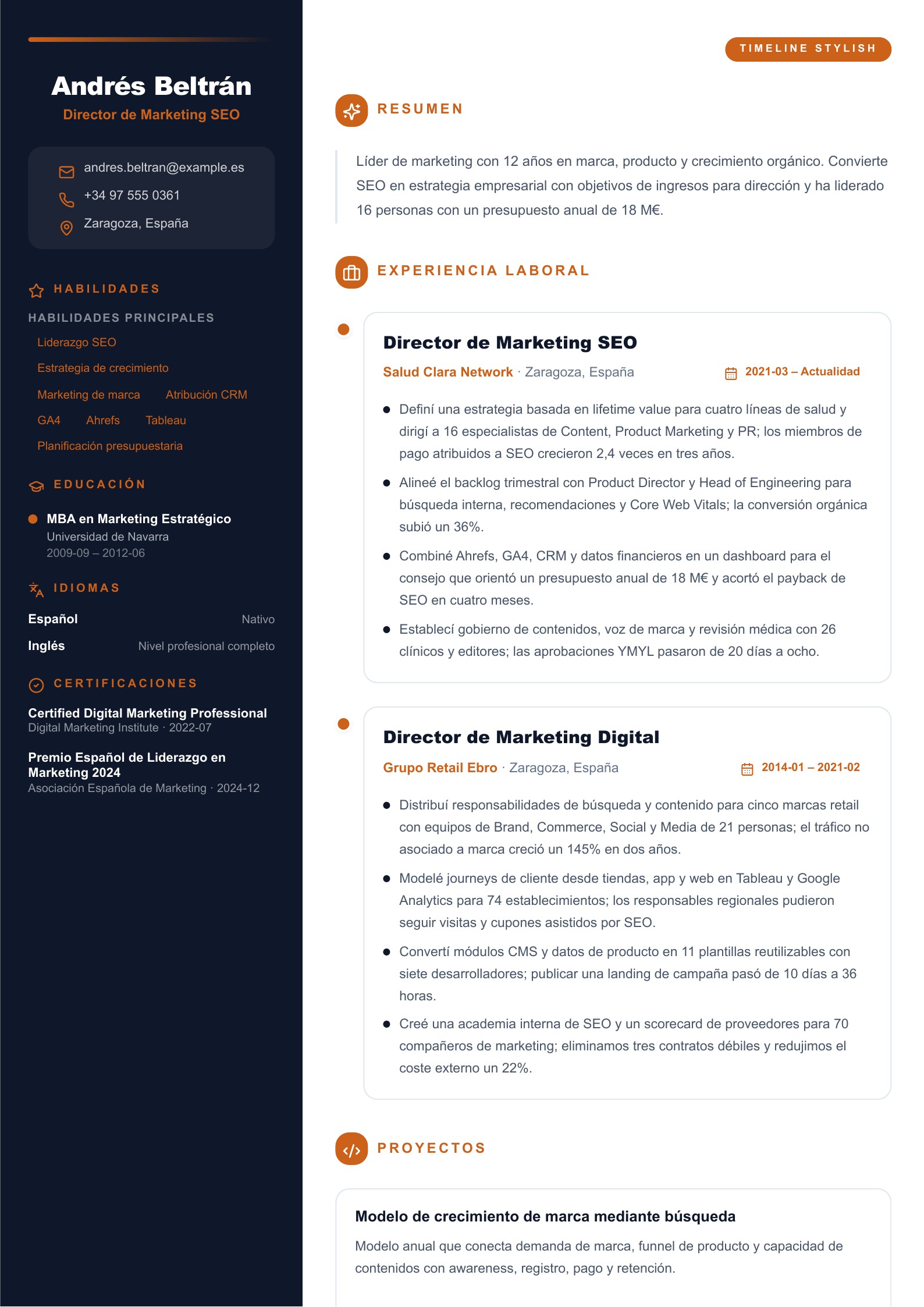 Currículum de Director/a de Marketing SEO - ejemplo en español