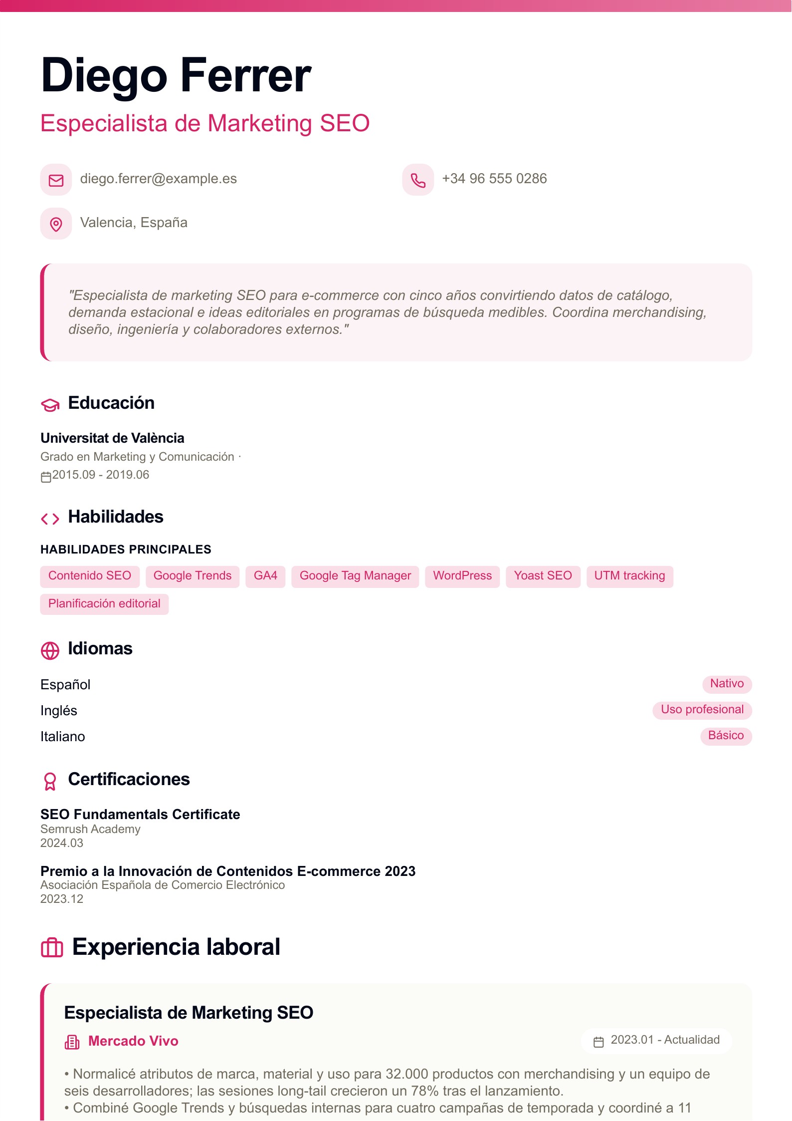 Currículum de Especialista de Marketing SEO - ejemplo en español