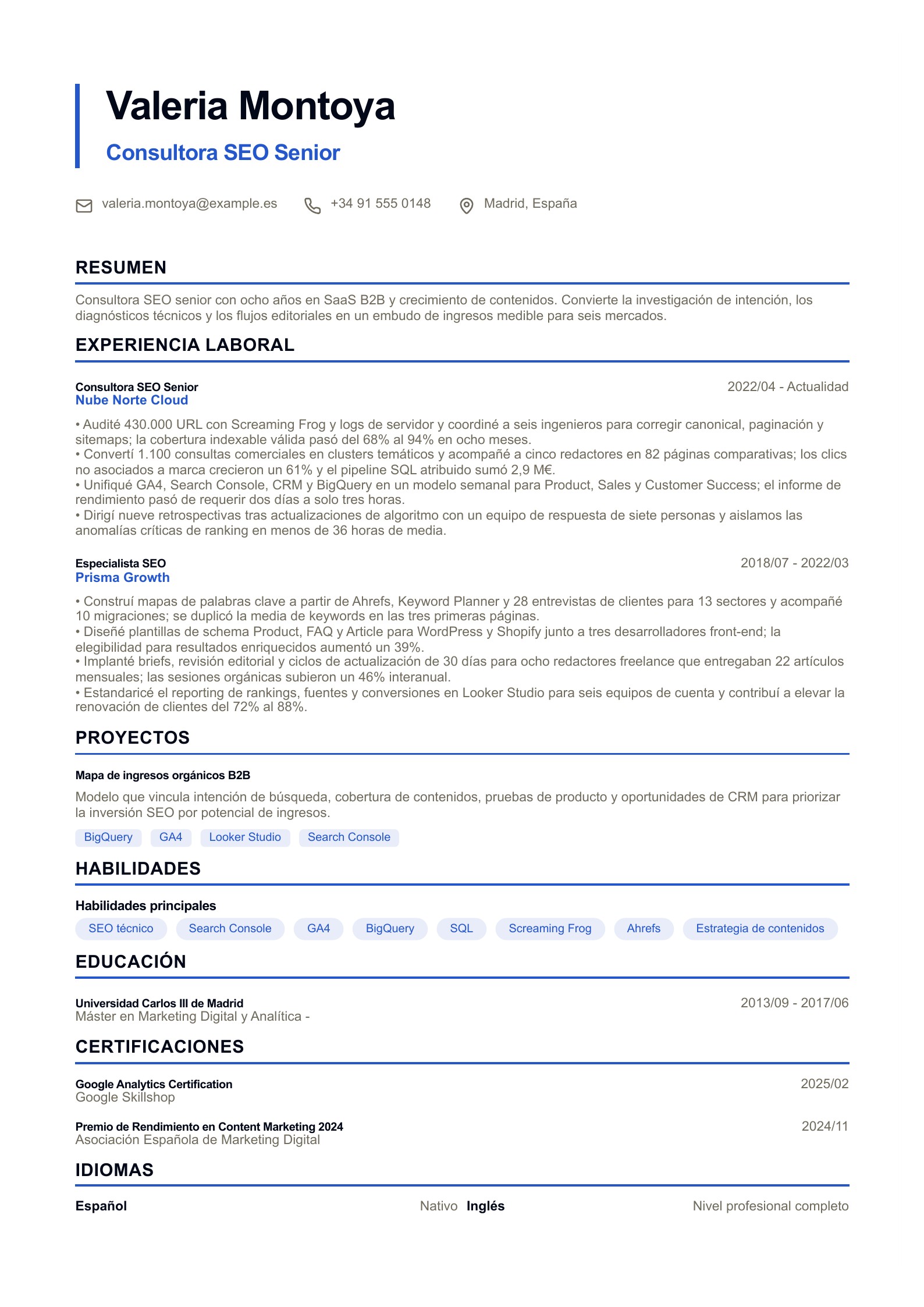 Currículum SEO - ejemplo en español