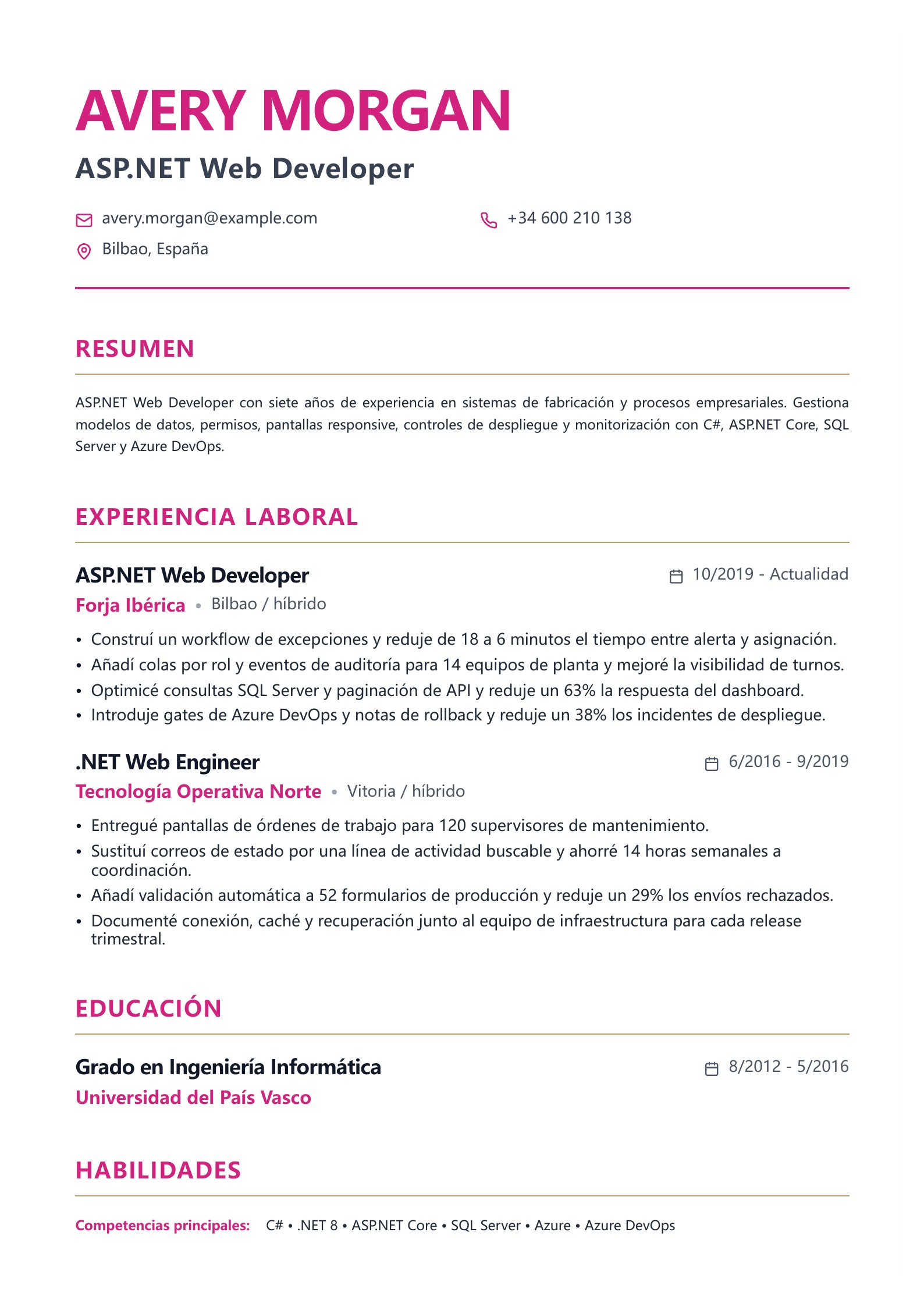 Vista previa de Ejemplos de currículum de Web Developer con descarga PDF gratis
