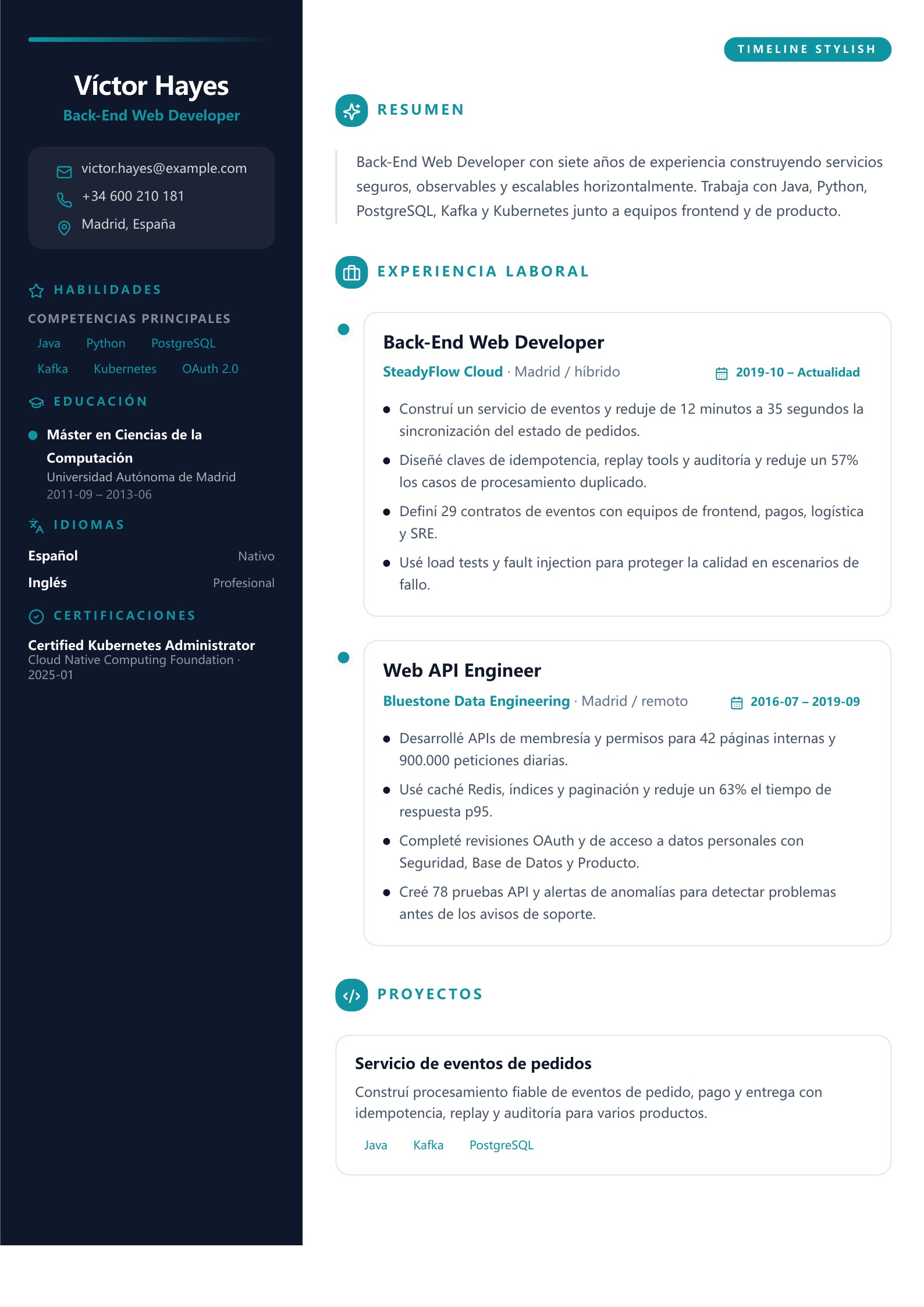 Currículum de Back-End Web Developer - ejemplo en español