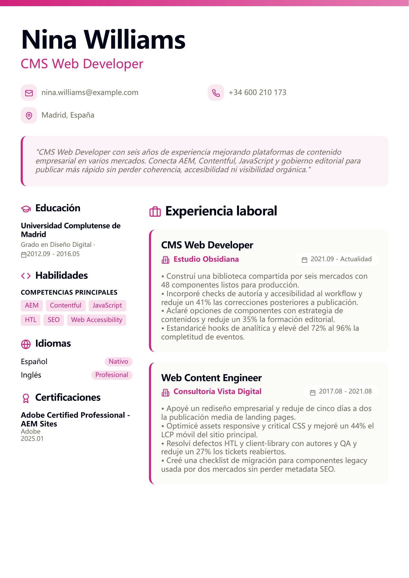Currículum de CMS Web Developer - ejemplo en español