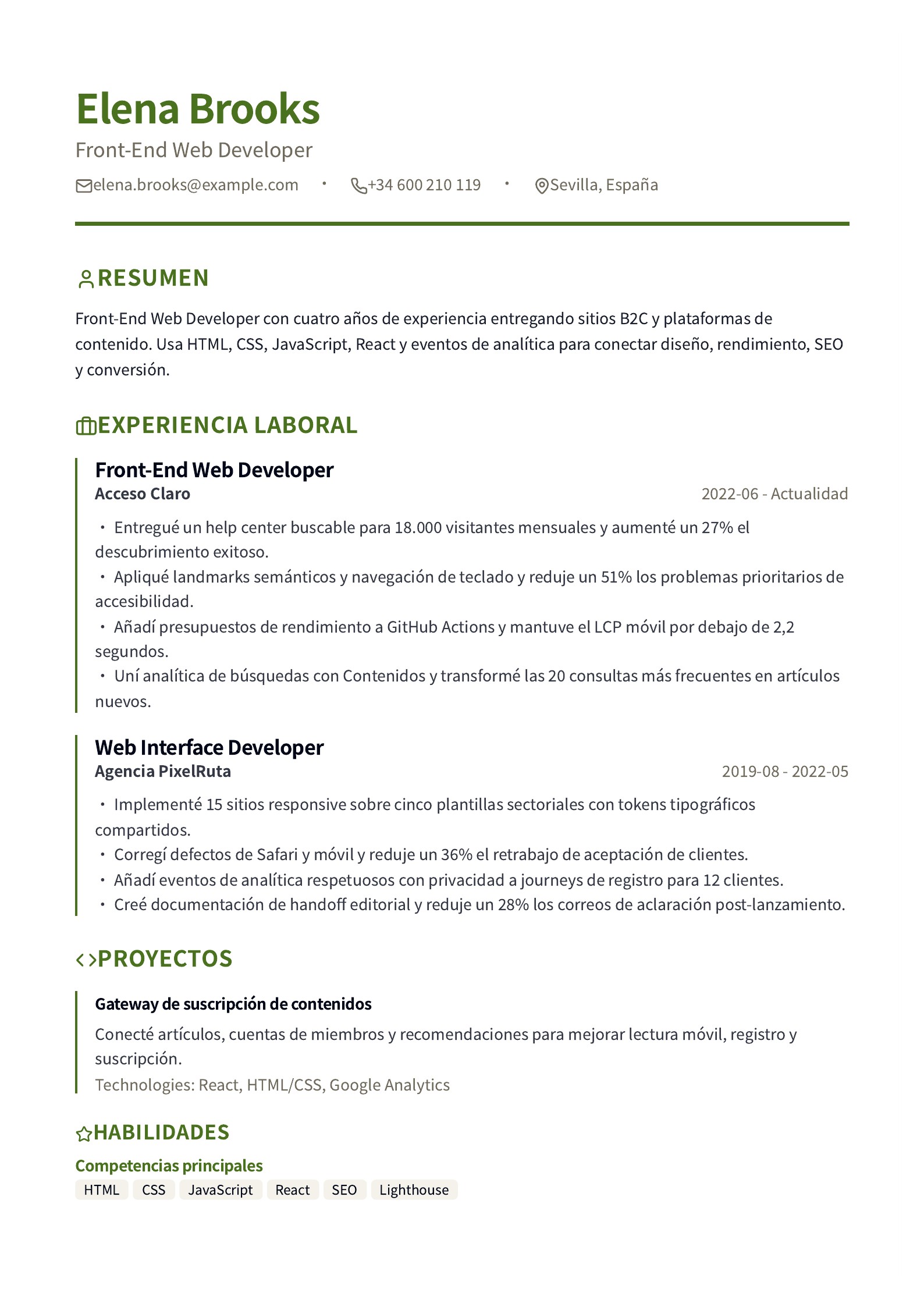 Currículum de Front-End Web Developer - ejemplo en español