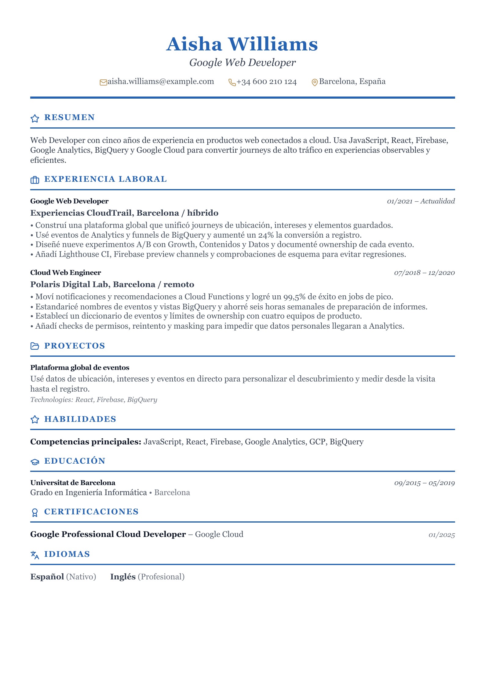 Currículum de Google Web Developer - ejemplo en español