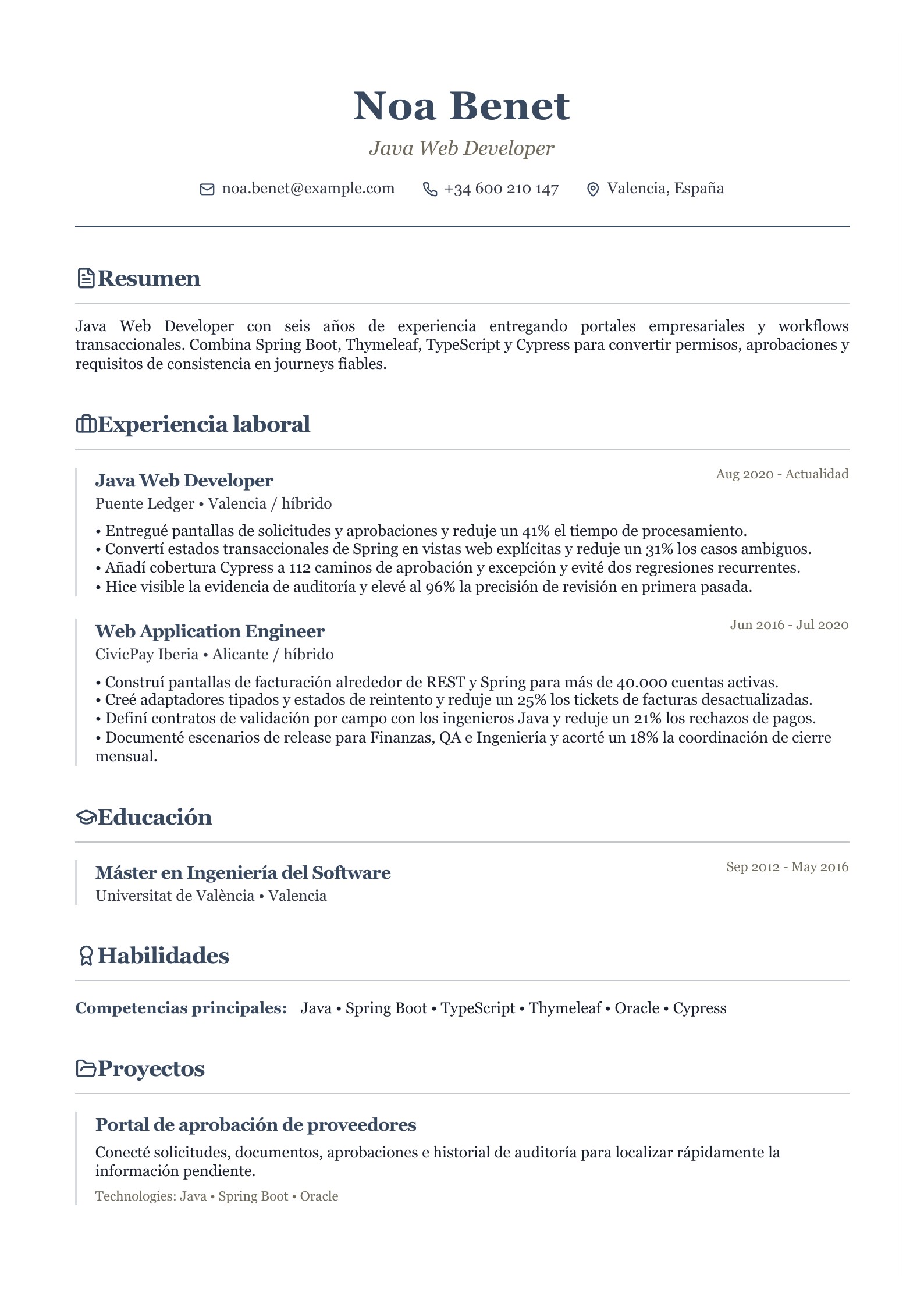 Currículum de Java Web Developer - ejemplo en español