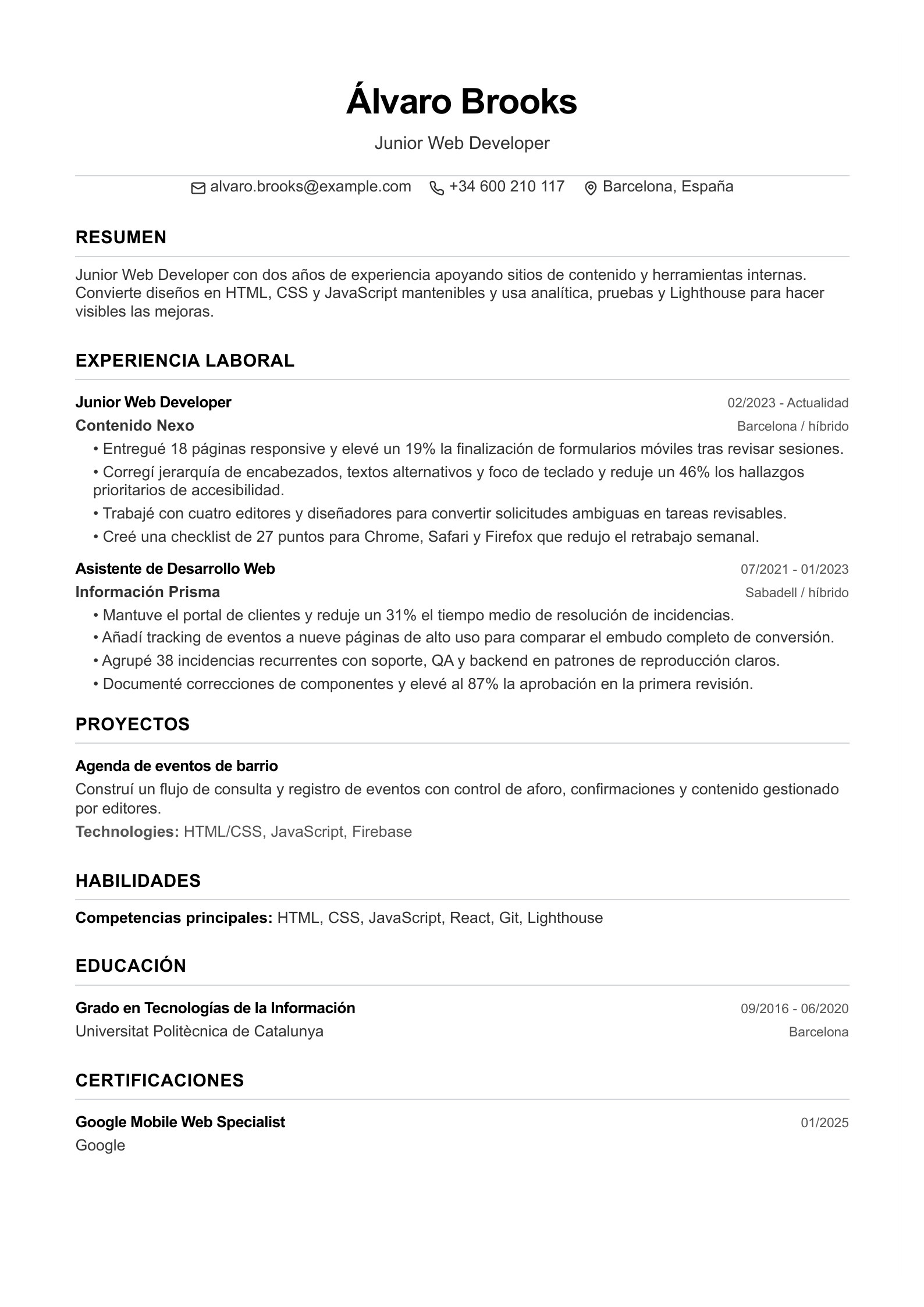 Currículum de Junior Web Developer - ejemplo en español