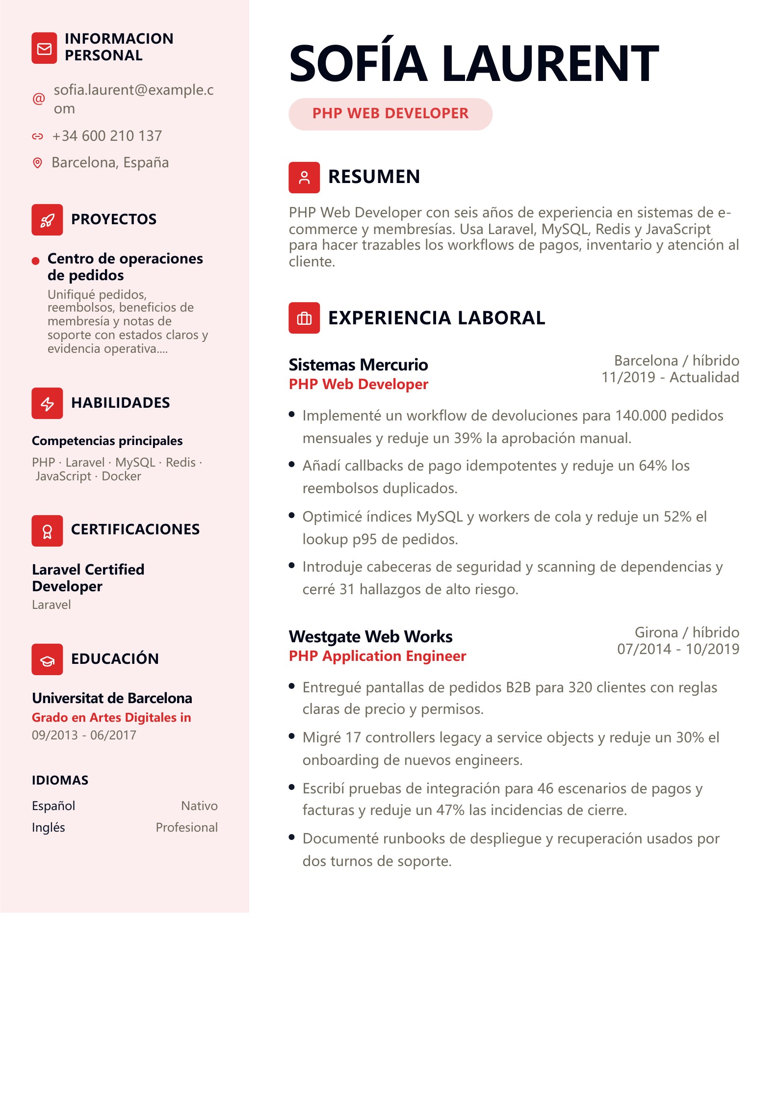 Currículum de PHP Web Developer - ejemplo en español