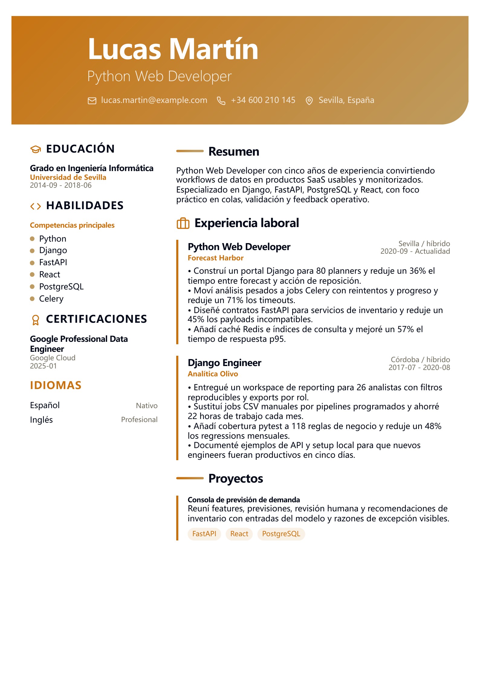 Currículum de Python Web Developer - ejemplo en español