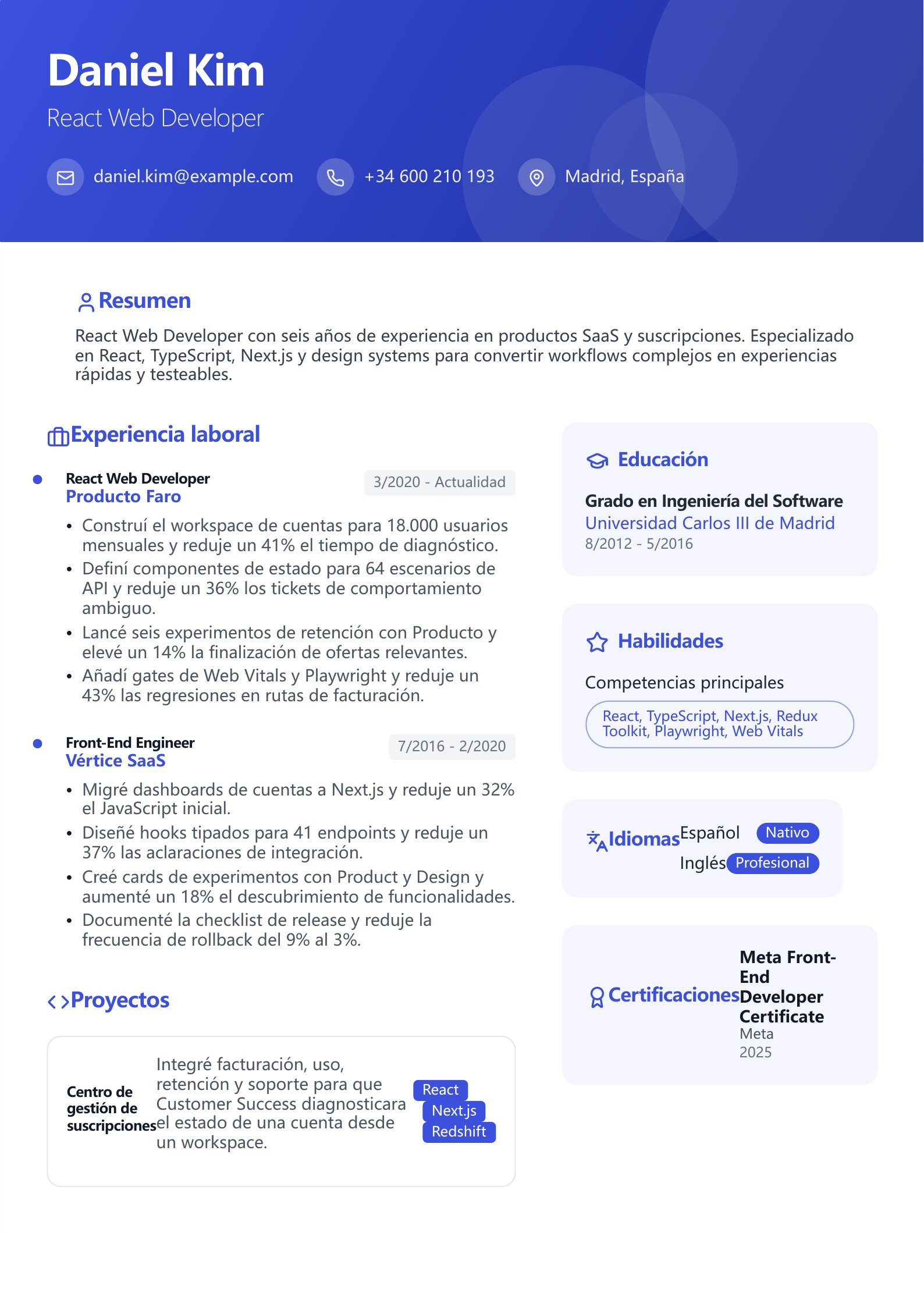 Currículum de React Web Developer - ejemplo en español
