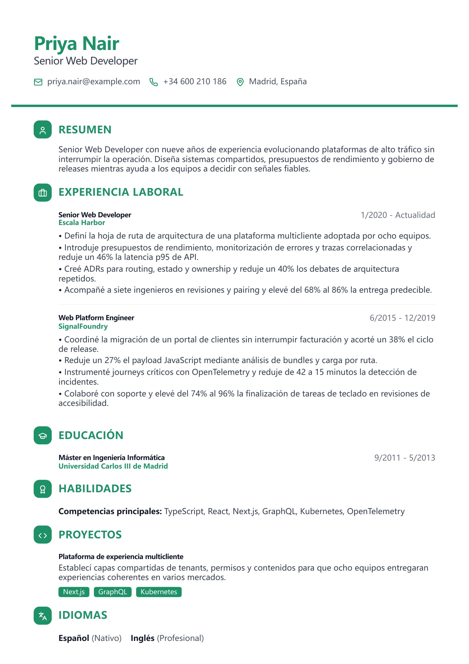 Currículum de Senior Web Developer - ejemplo en español