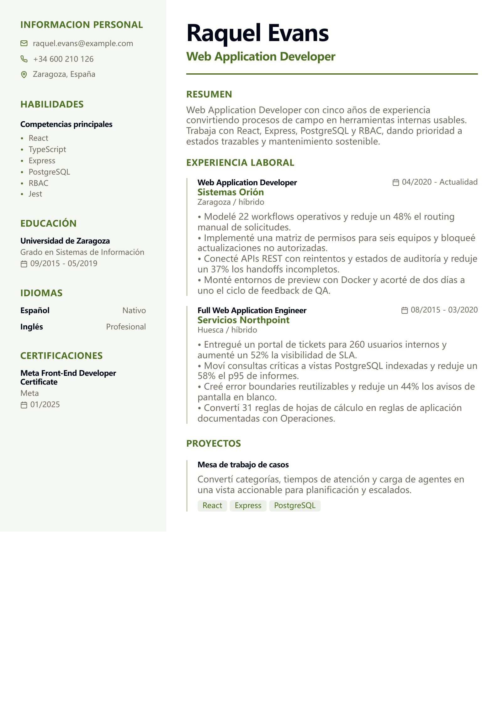 Currículum de Web Application Developer - ejemplo en español