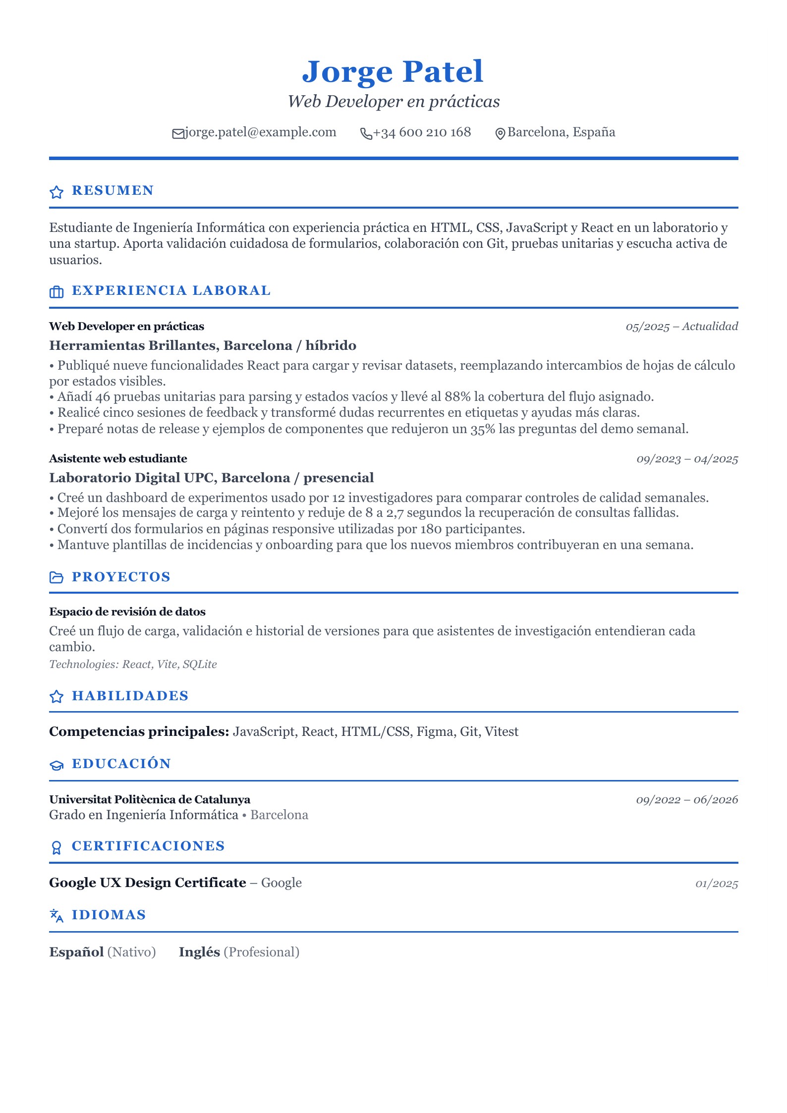 Currículum de Web Developer en prácticas - ejemplo en español