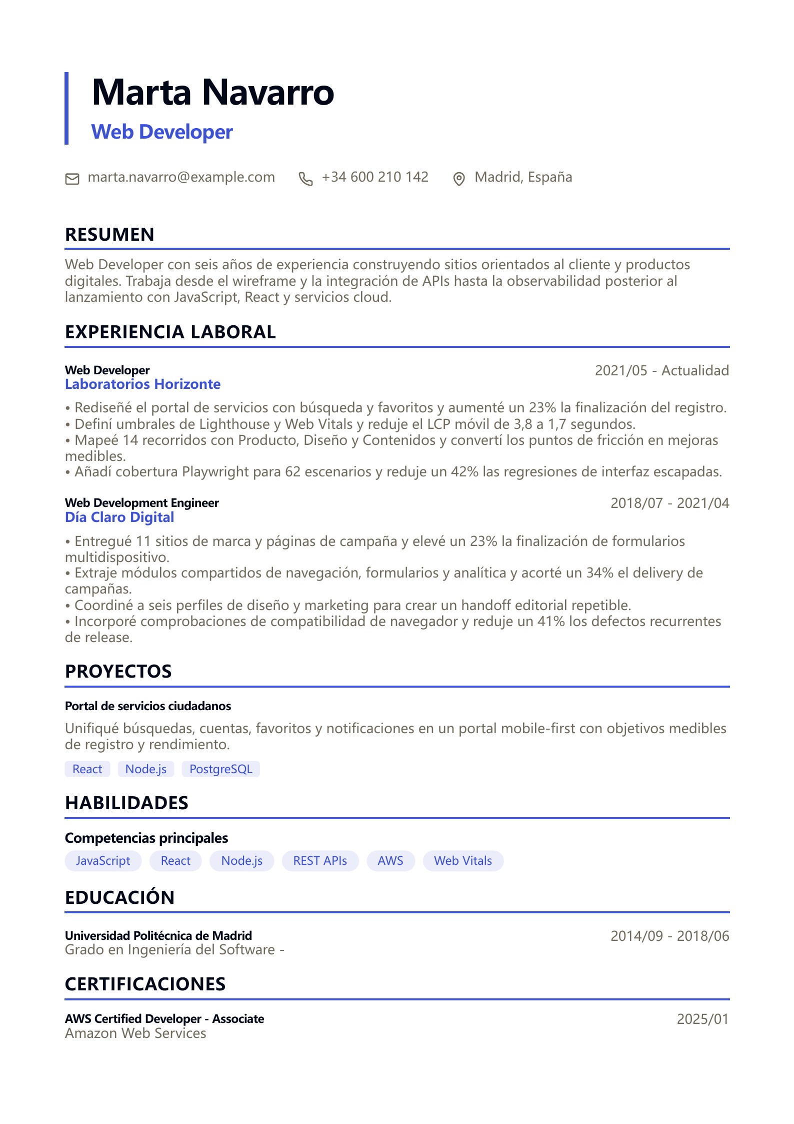 Currículum de Web Developer - ejemplo en español