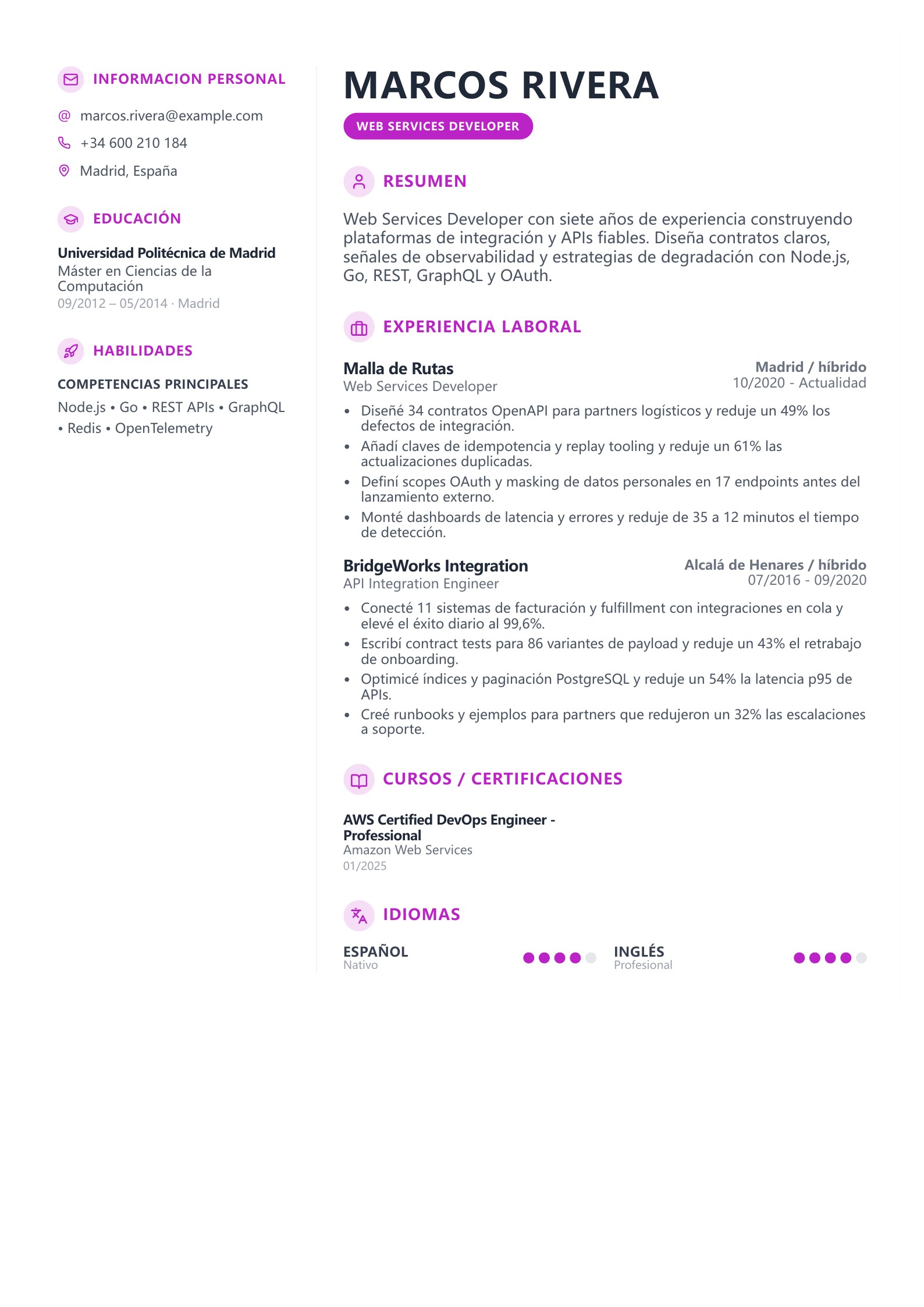 Currículum de Web Services Developer - ejemplo en español