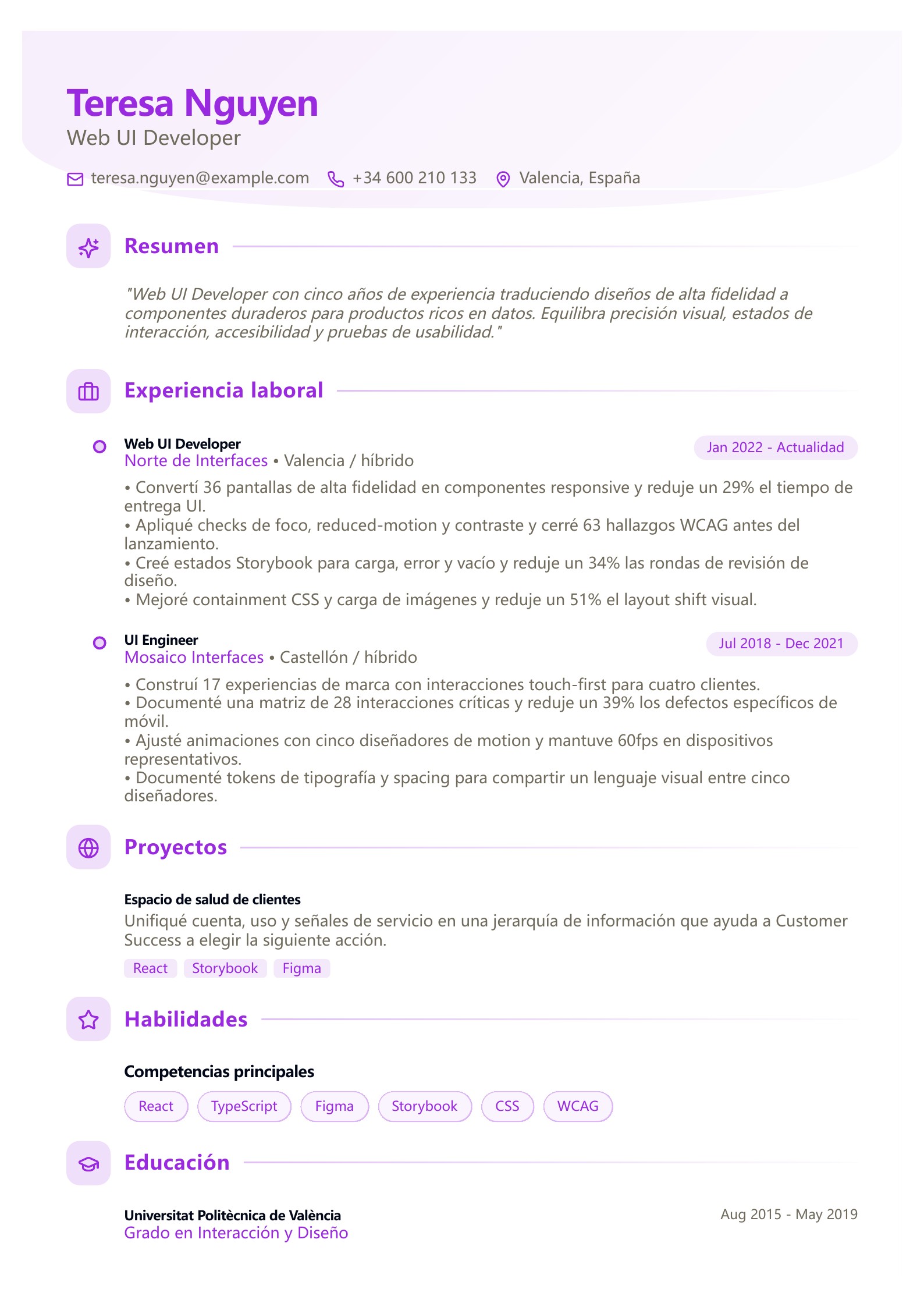Currículum de Web UI Developer - ejemplo en español