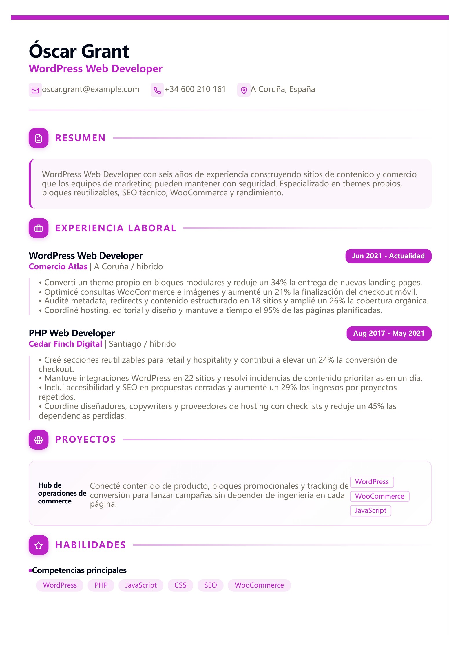 Currículum de WordPress Web Developer - ejemplo en español