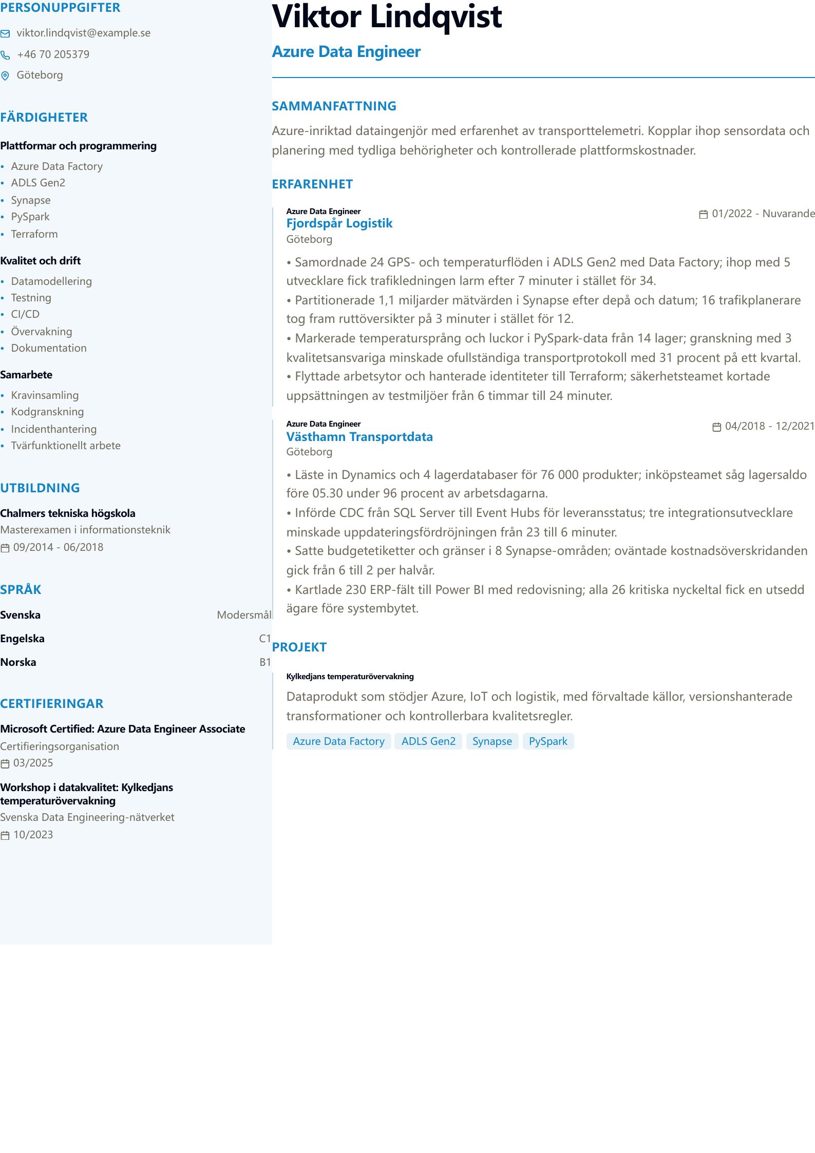 CV-exempel för Azure Data Engineer Förhandsvisning av CV