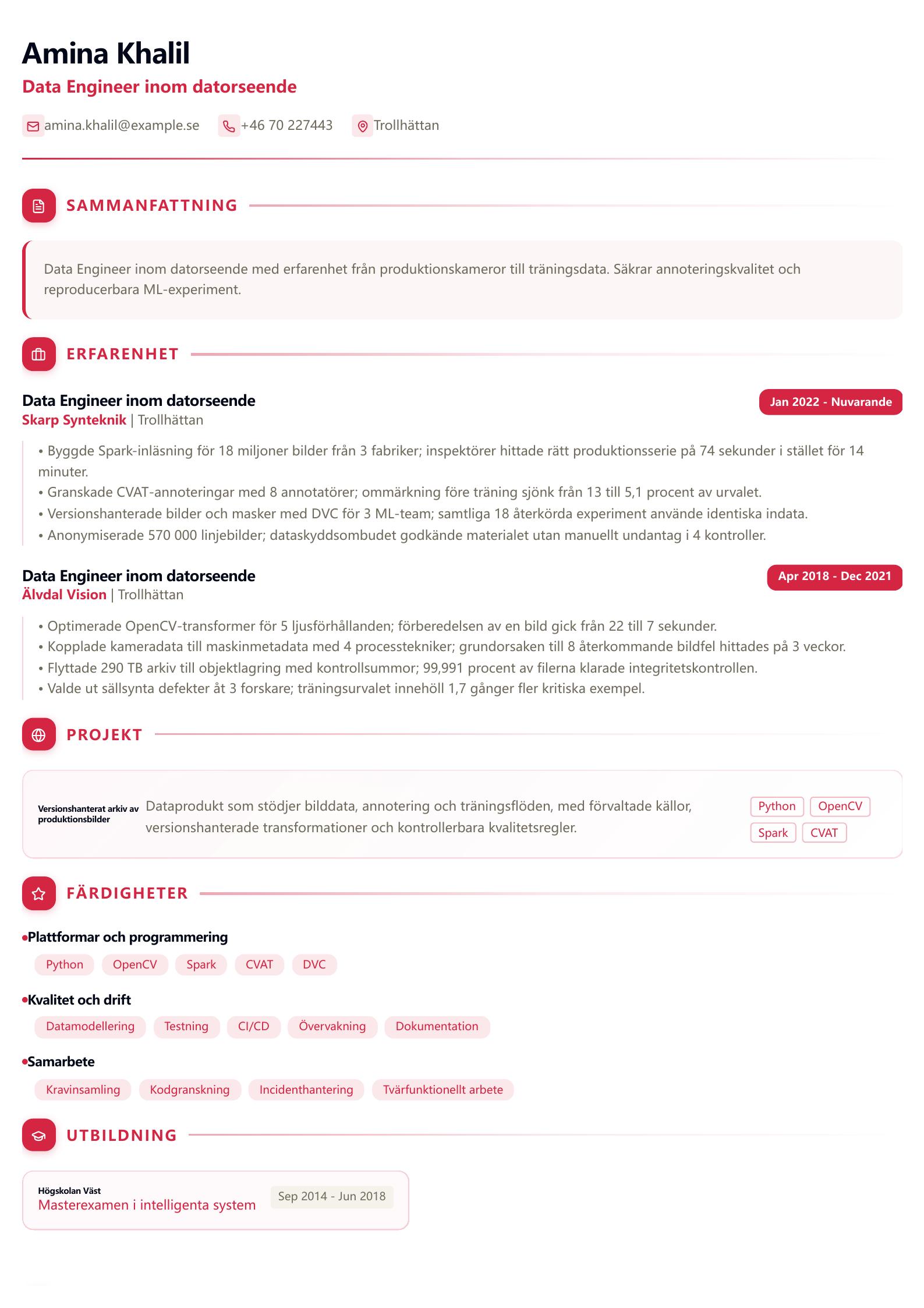 CV-exempel för Data Engineer inom datorseende Förhandsvisning av CV
