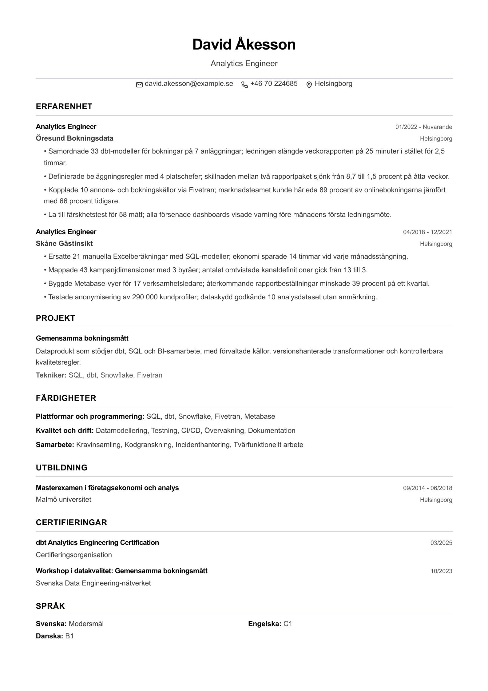CV-exempel för Analytics Engineer Förhandsvisning av CV