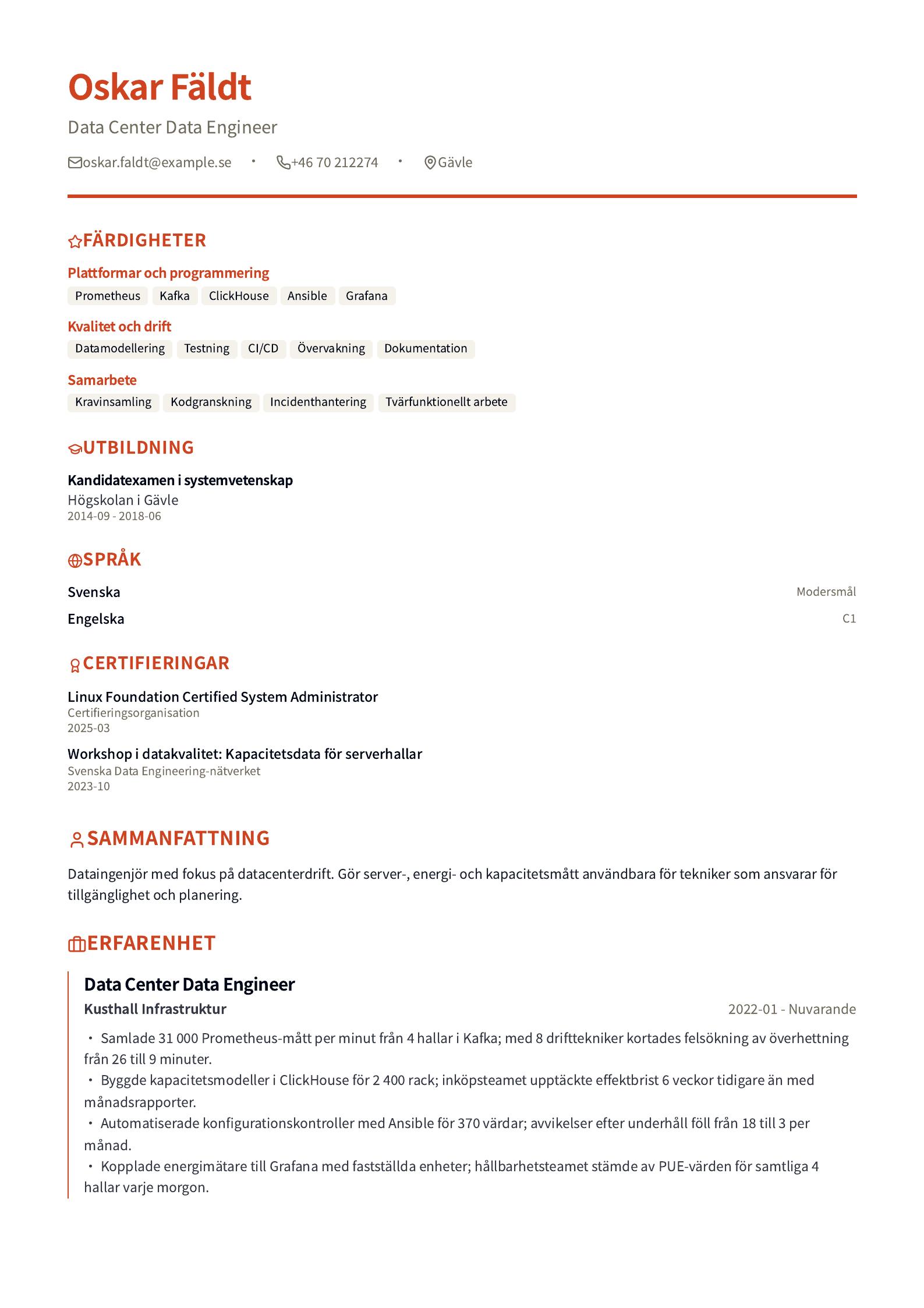 CV-exempel för Data Center Engineer Förhandsvisning av CV