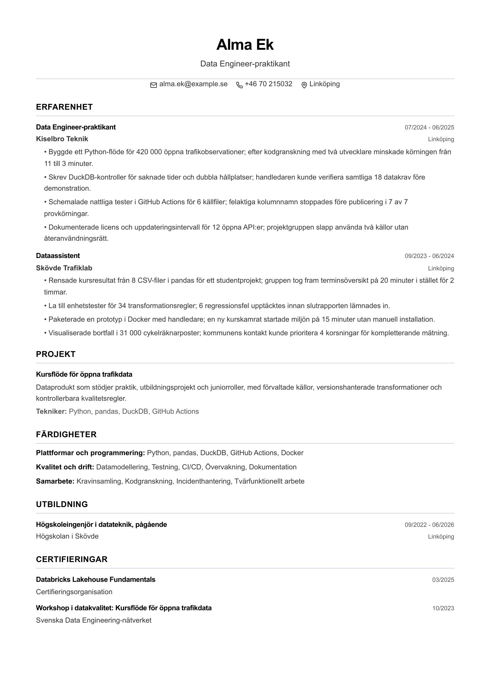 CV-exempel för Data Engineer-praktikant Förhandsvisning av CV