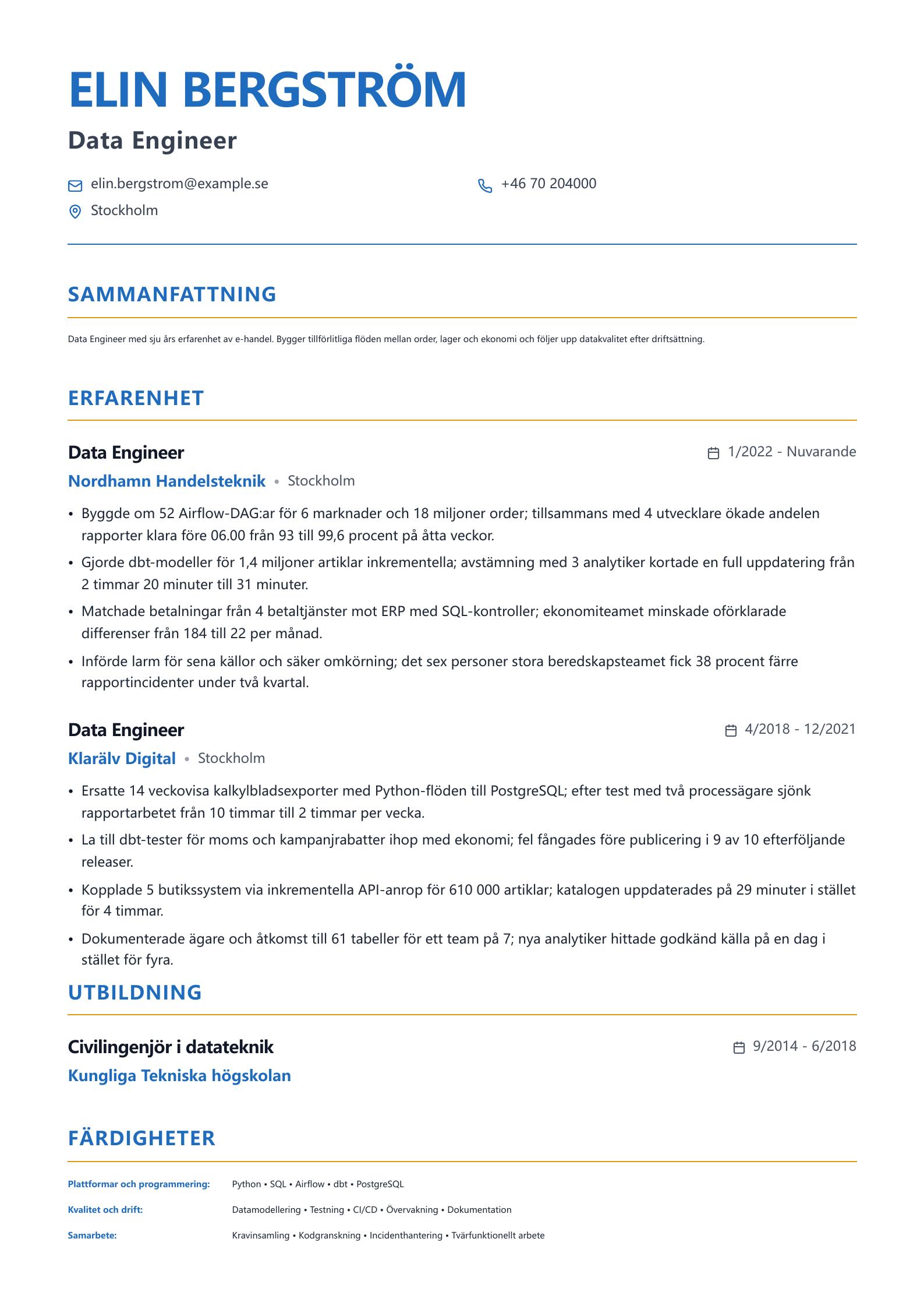 CV-exempel för Data Engineer Förhandsvisning av CV