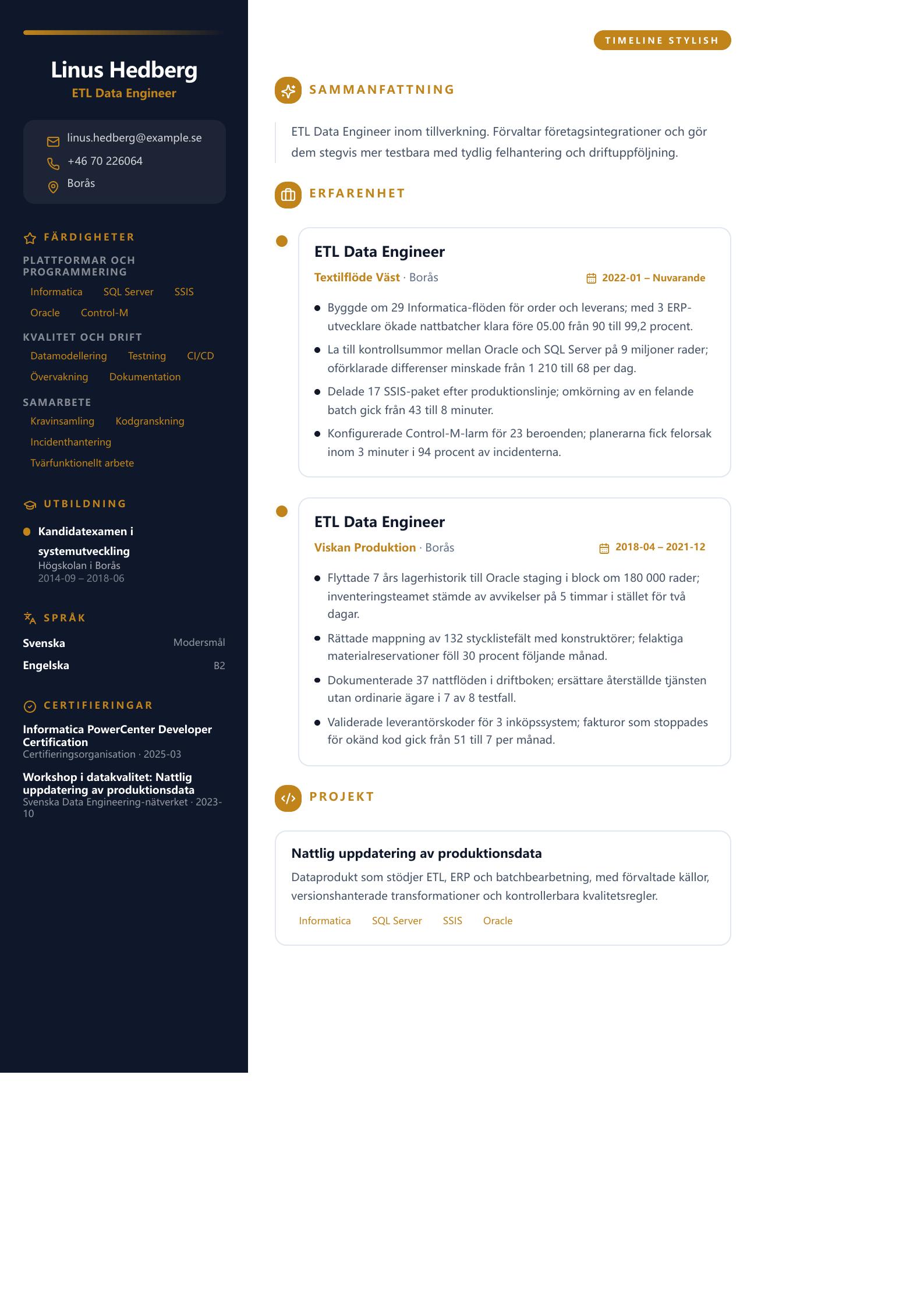 CV-exempel för ETL Data Engineer Förhandsvisning av CV