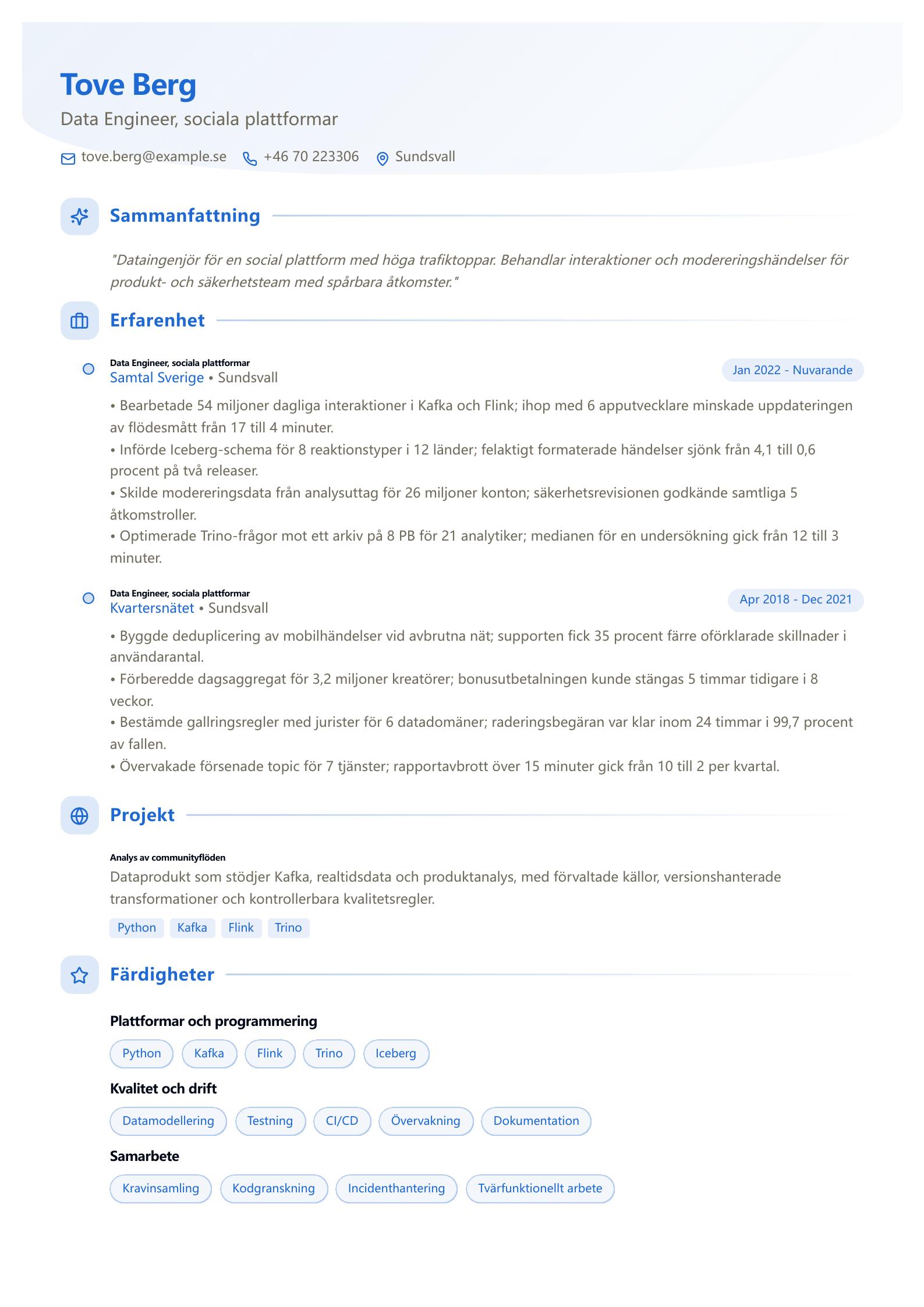 CV-exempel för Data Engineer inom sociala plattformar Förhandsvisning av CV