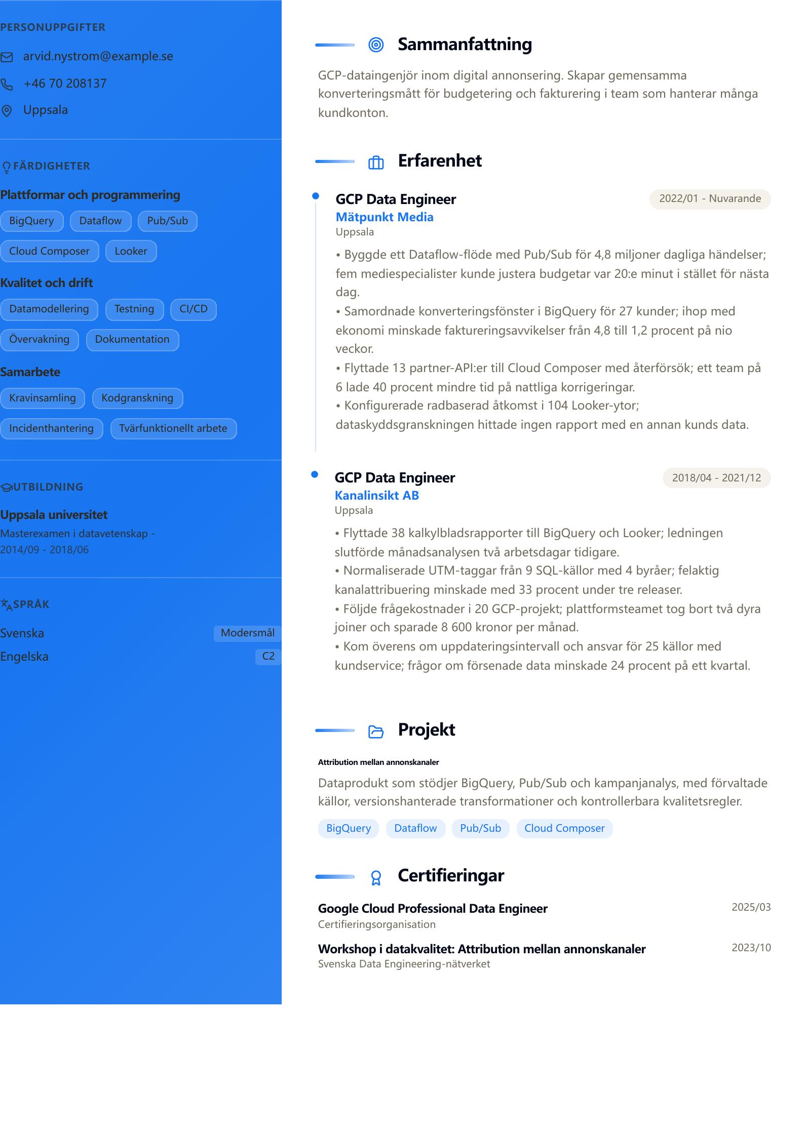 CV-exempel för GCP Data Engineer Förhandsvisning av CV