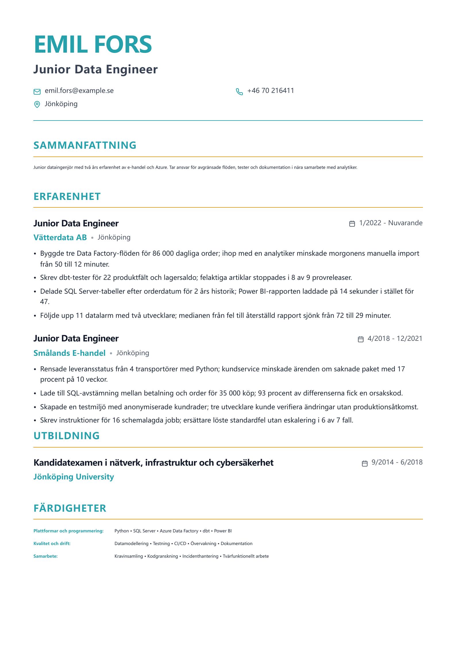 CV-exempel för junior Data Engineer Förhandsvisning av CV