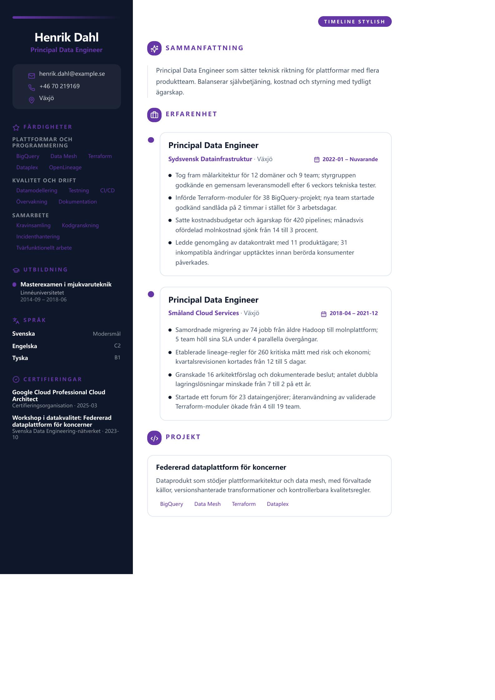 CV-exempel för Principal Data Engineer Förhandsvisning av CV