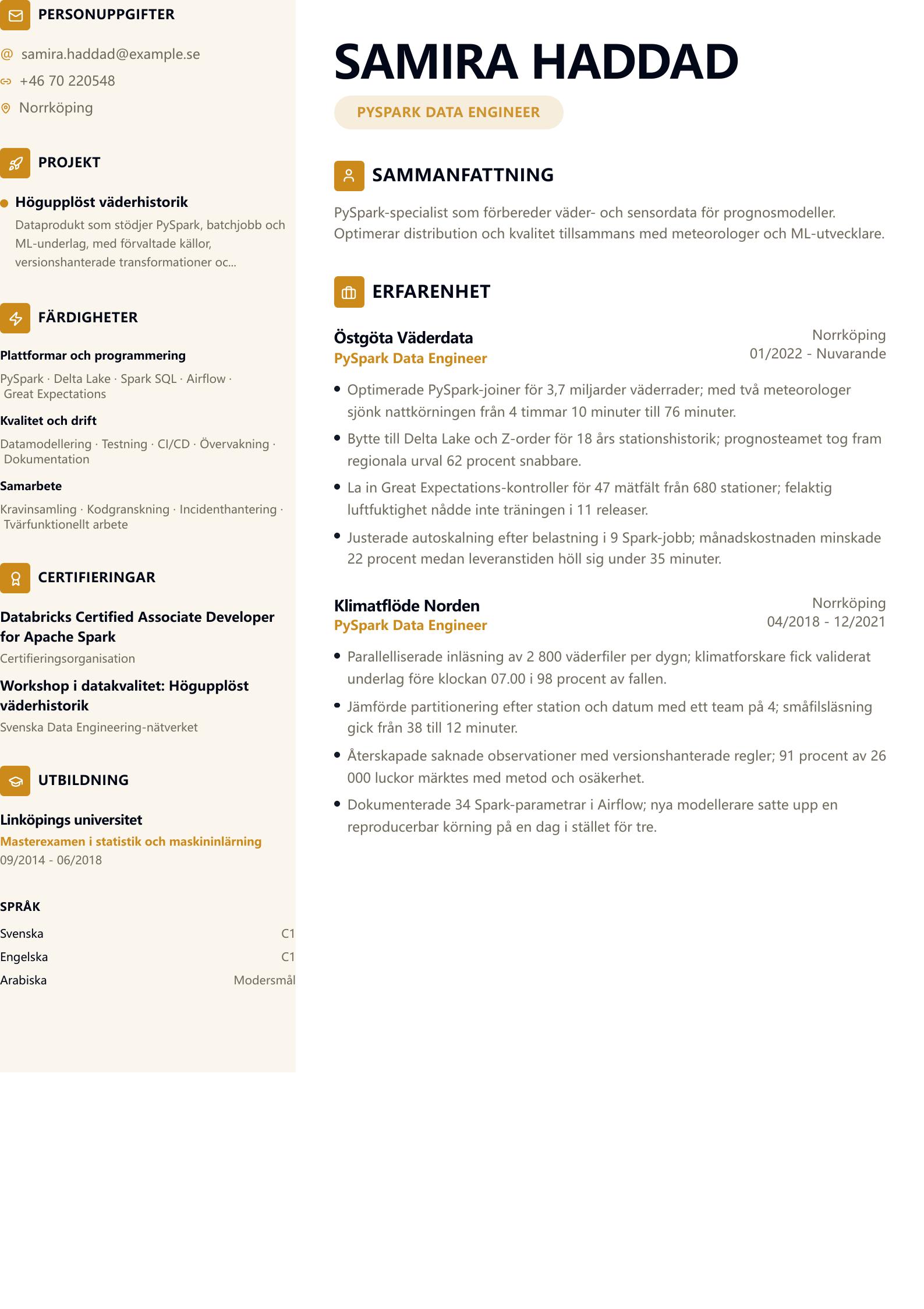 CV-exempel för PySpark Data Engineer Förhandsvisning av CV