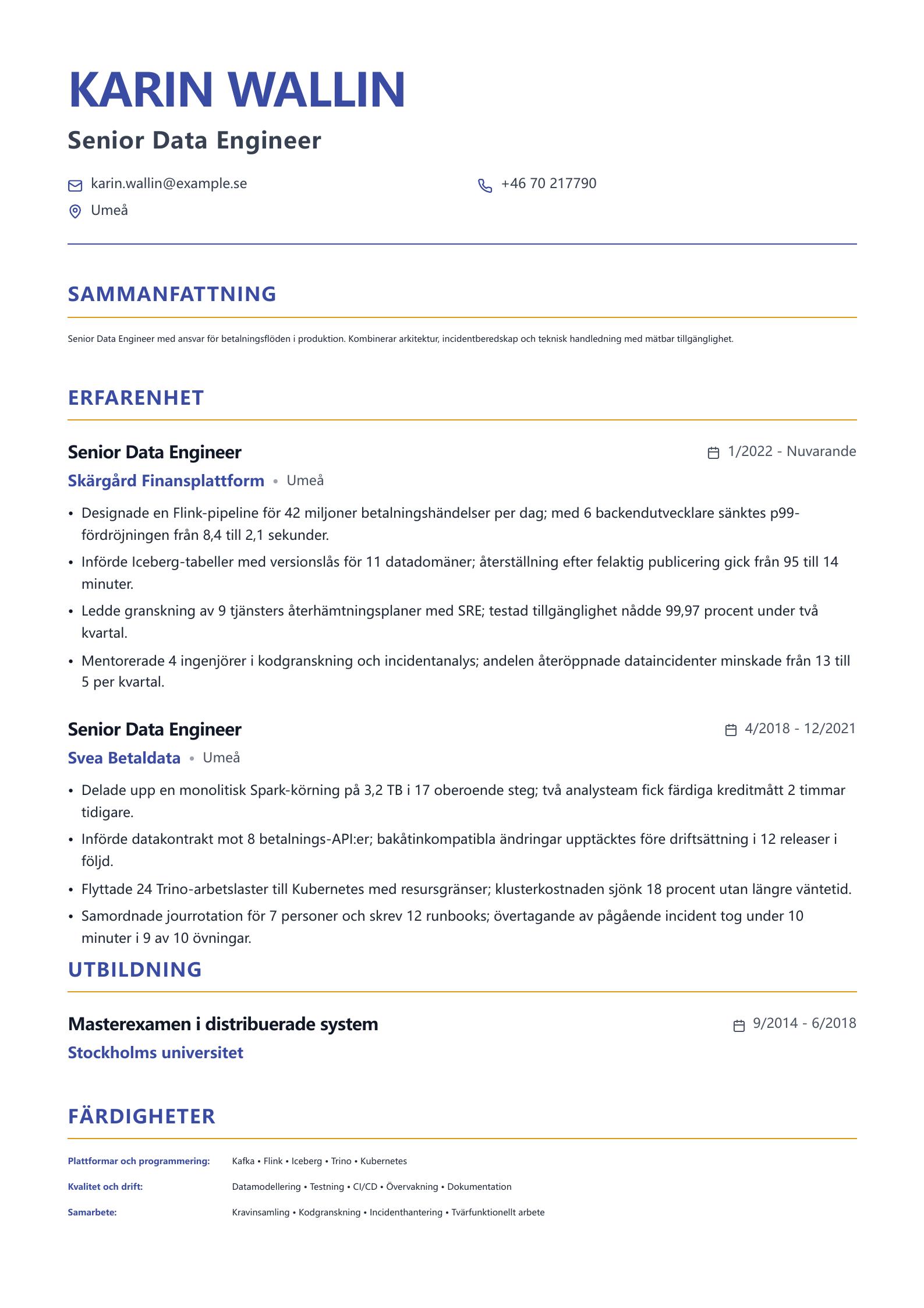 CV-exempel för senior Data Engineer Förhandsvisning av CV