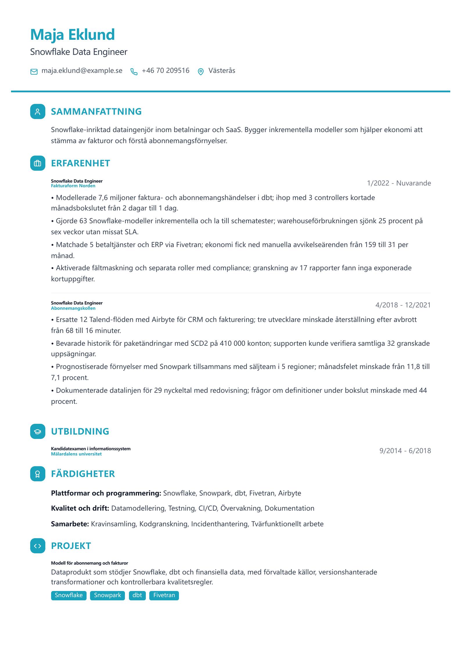 CV-exempel för Snowflake Data Engineer Förhandsvisning av CV
