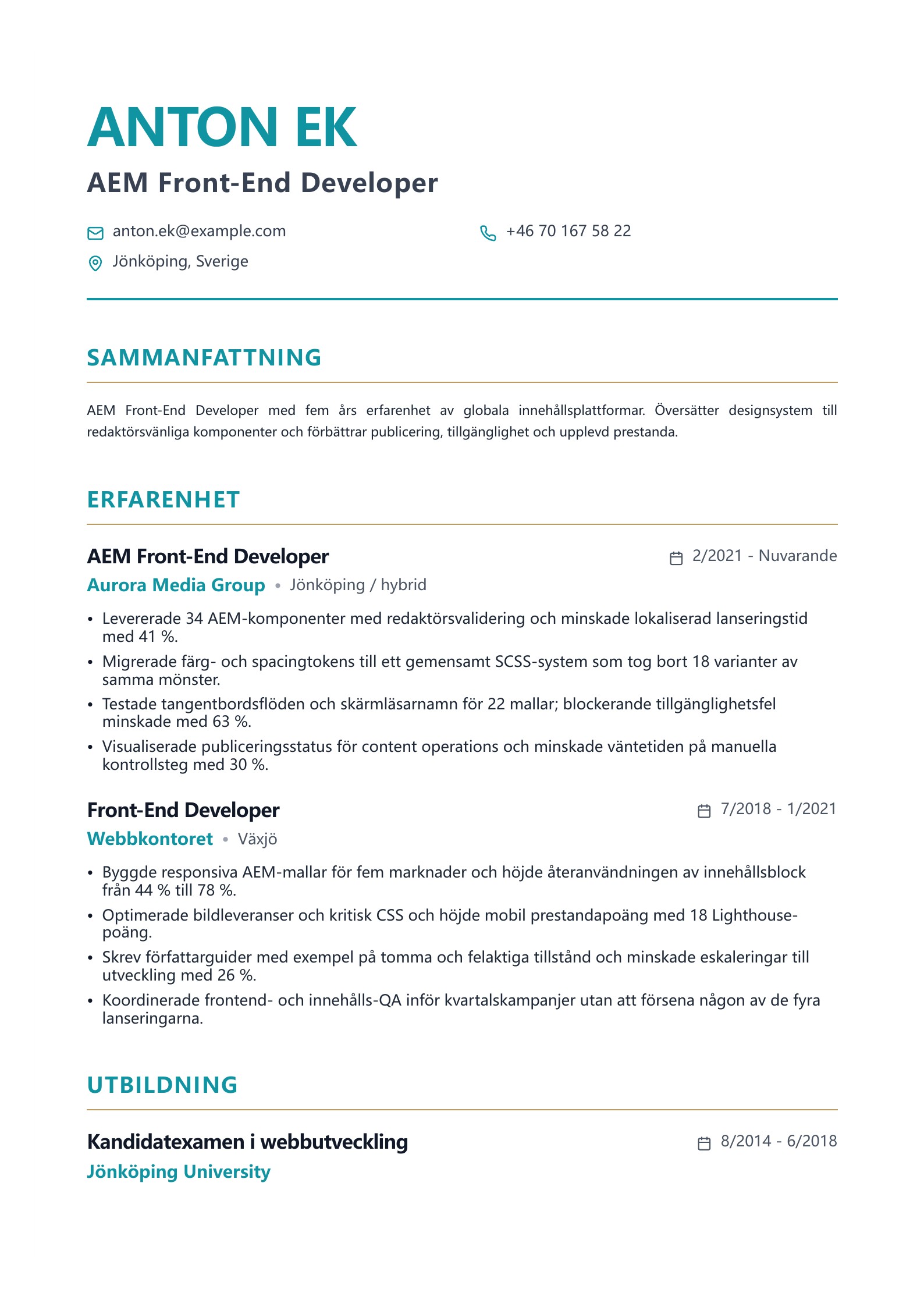 CV för AEM Front-End Developer - svenskt CV-exempel