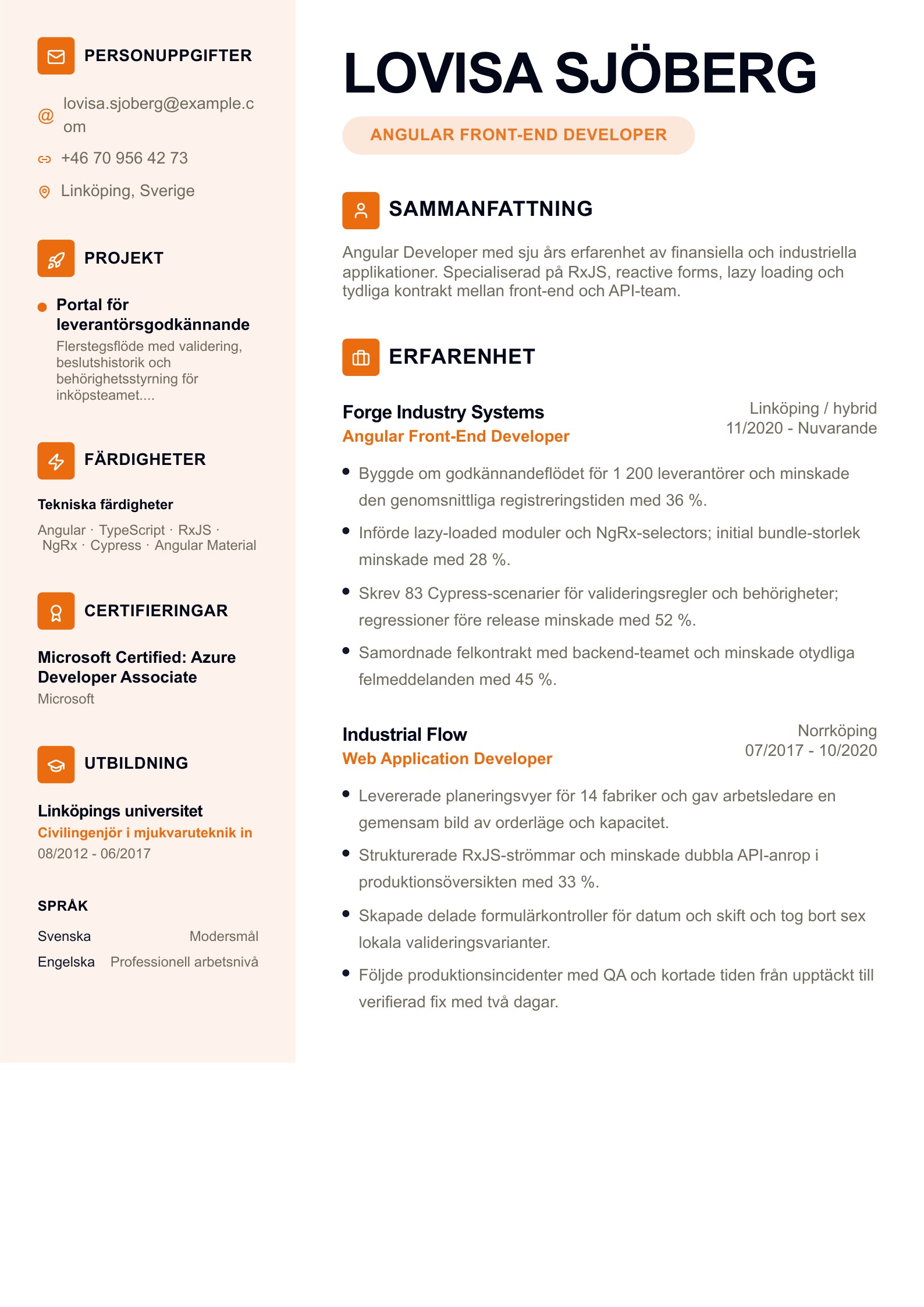 CV för Angular Front-End Developer - svenskt CV-exempel