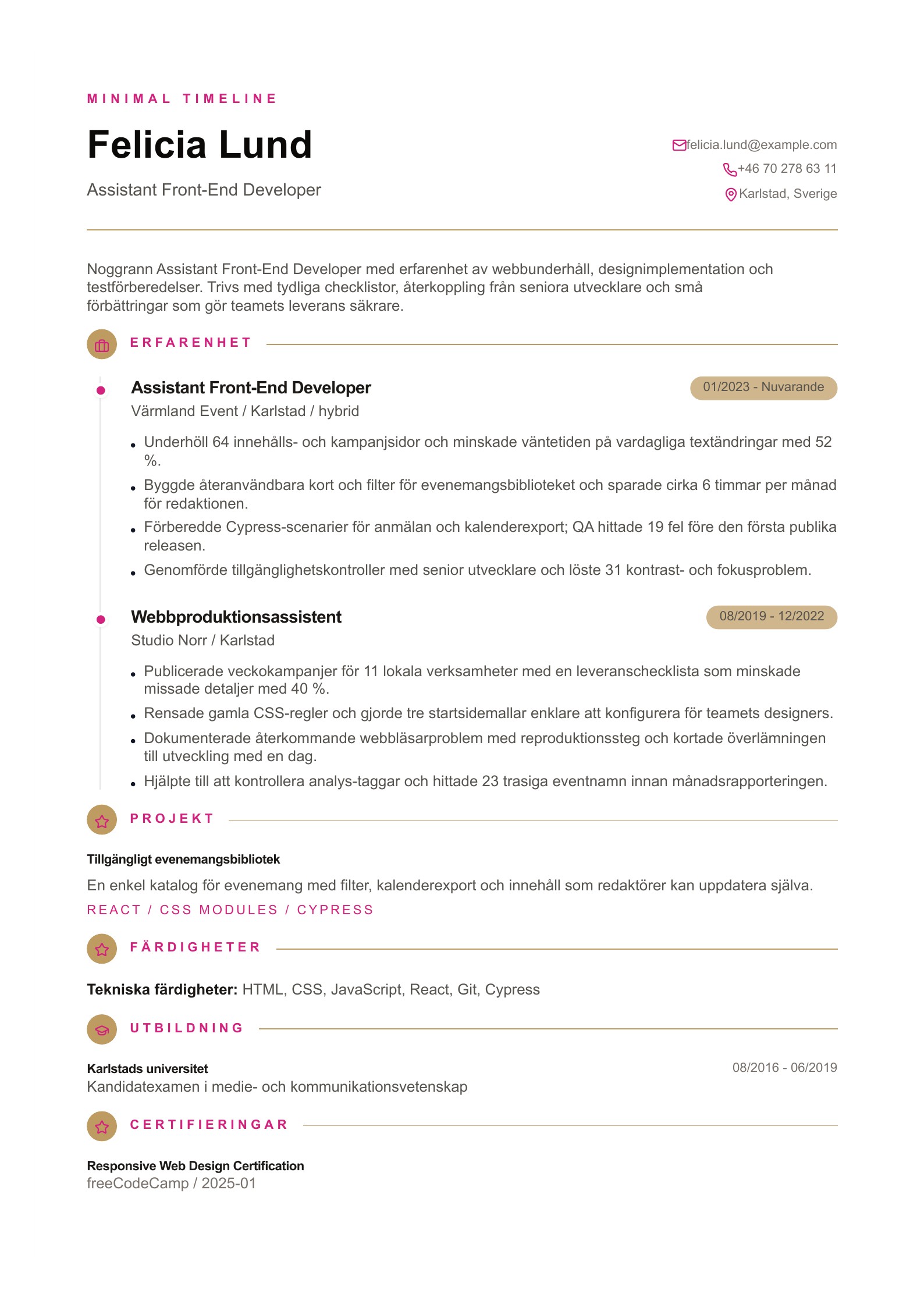 CV för Assistant Front-End Developer - svenskt CV-exempel