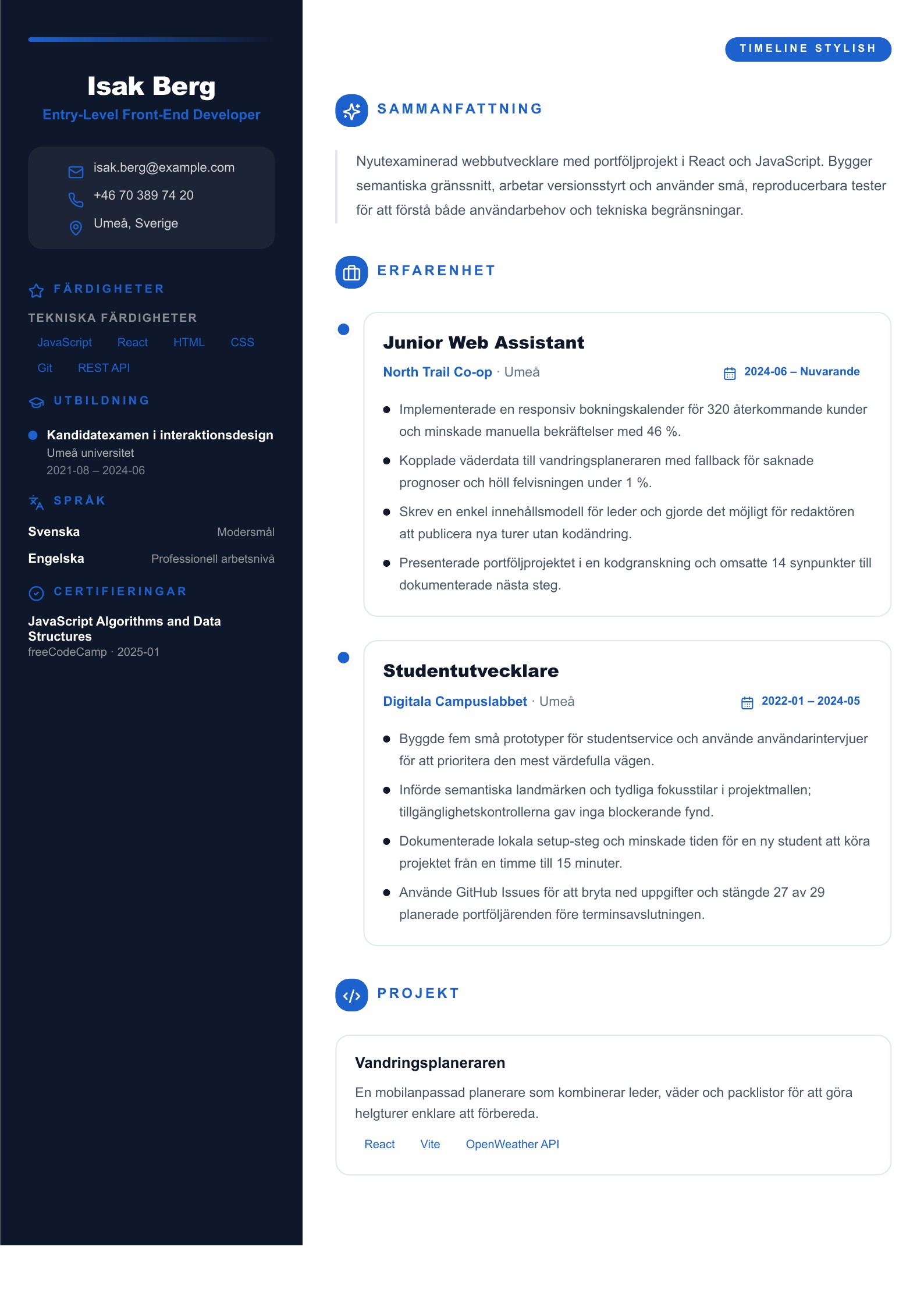 CV för Entry-Level Front-End Developer - svenskt CV-exempel