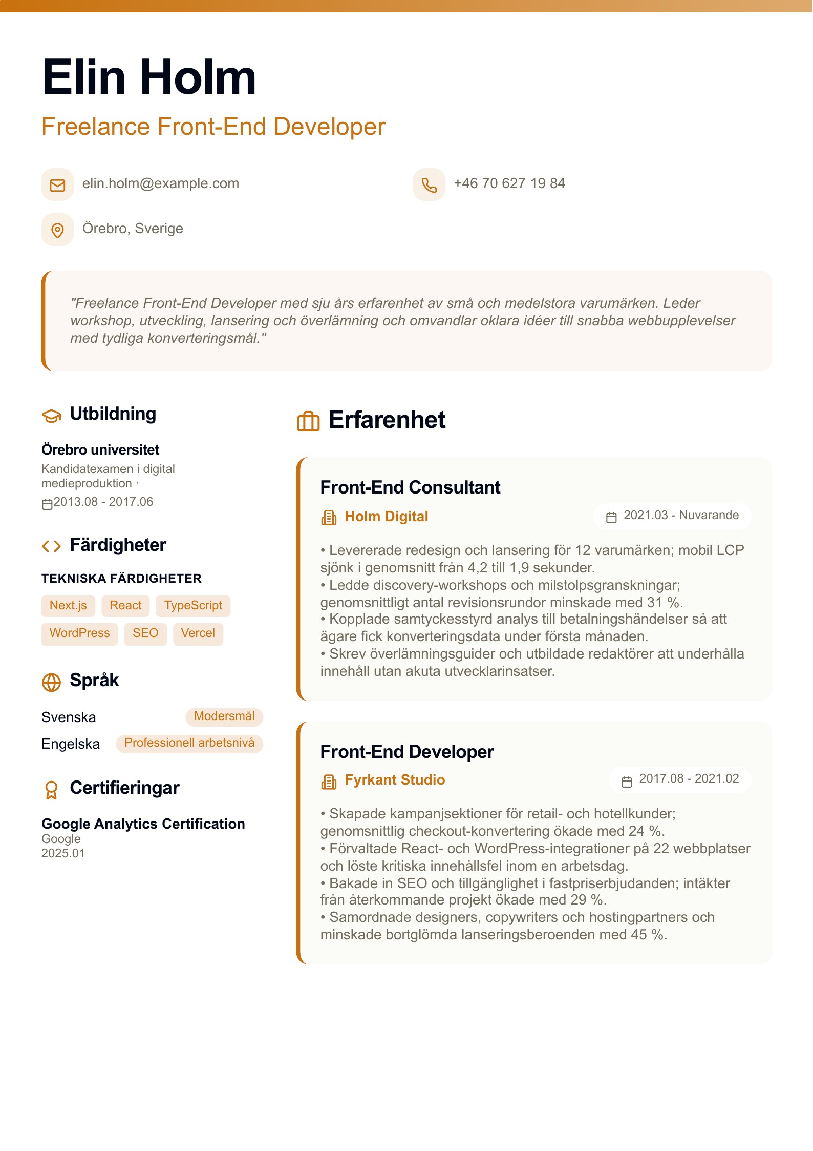 CV för Freelance Front-End Developer - svenskt CV-exempel