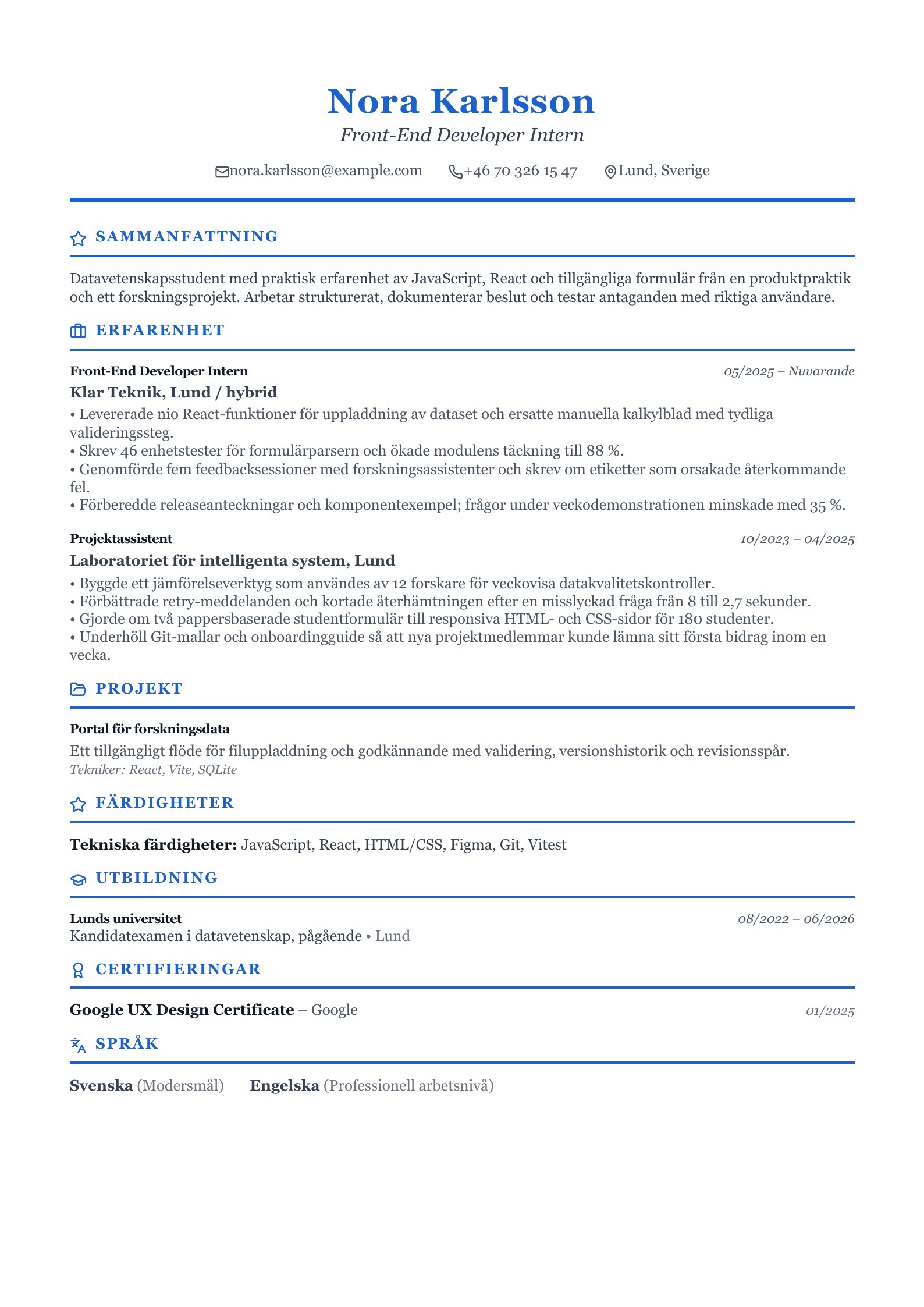 CV för praktikant inom front-end - svenskt CV-exempel