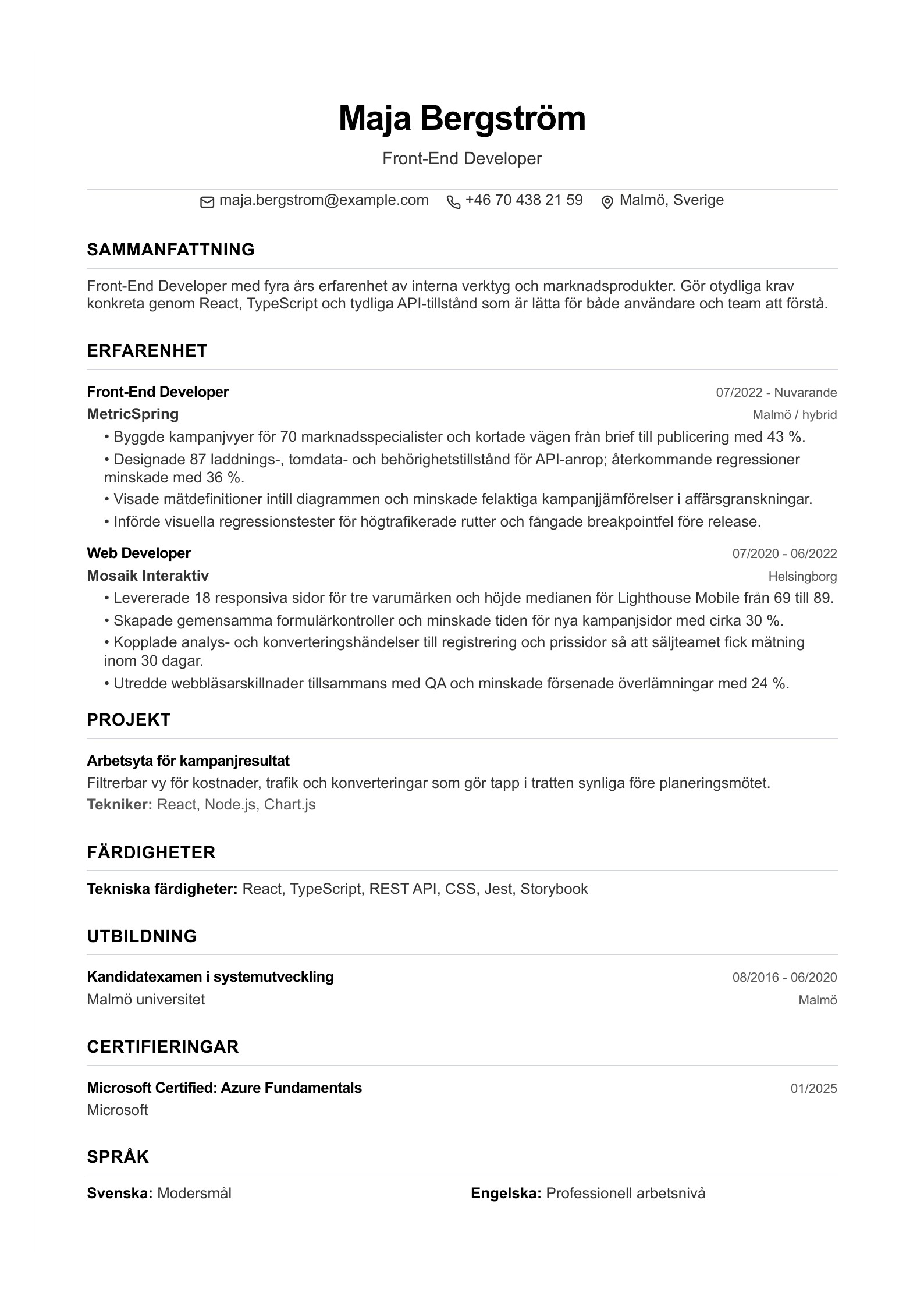 CV för Front-End Developer - svenskt CV-exempel