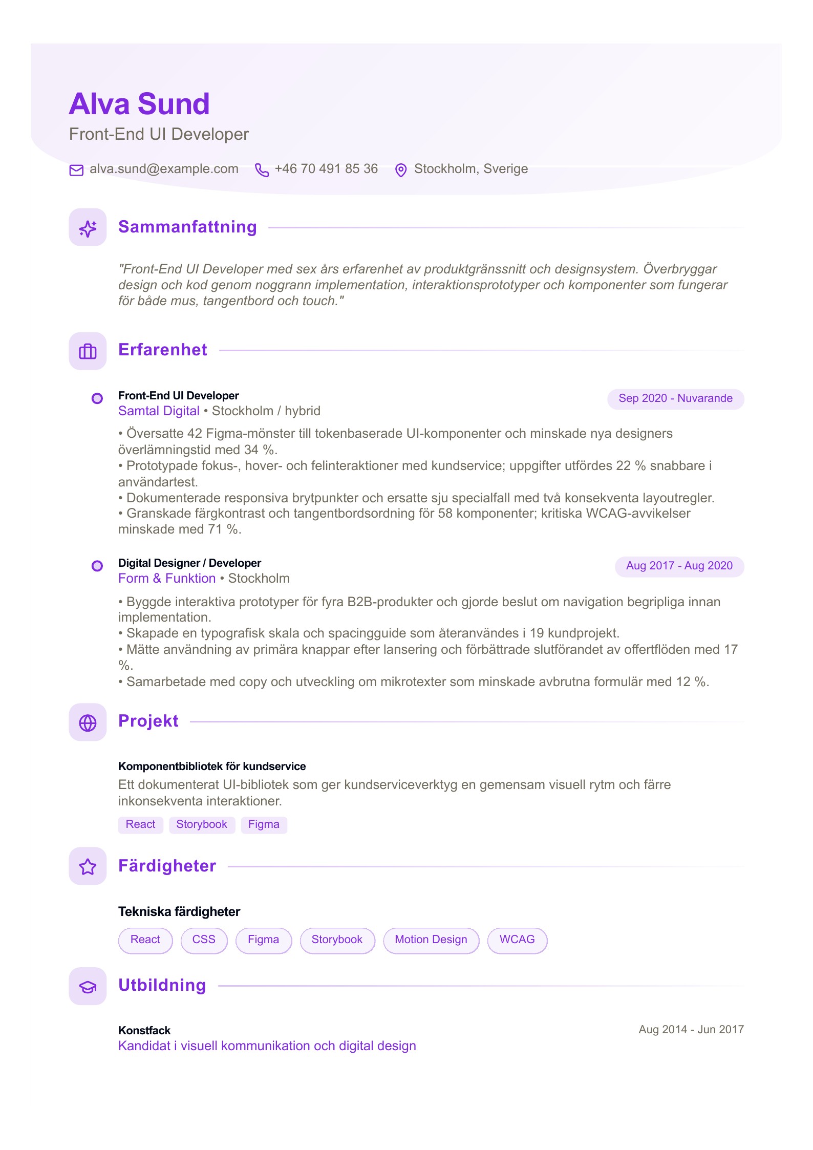CV för Front-End UI Developer - svenskt CV-exempel