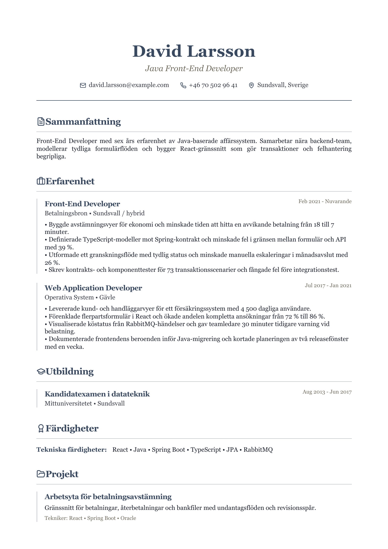 CV för Java Front-End Developer - svenskt CV-exempel