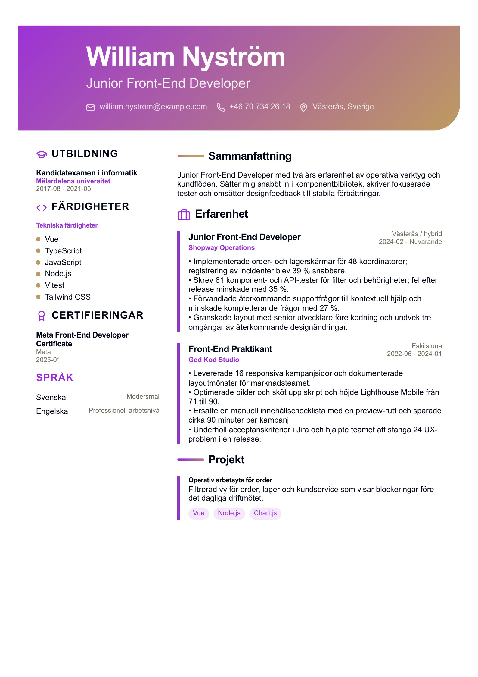 CV för Junior Front-End Developer - svenskt CV-exempel