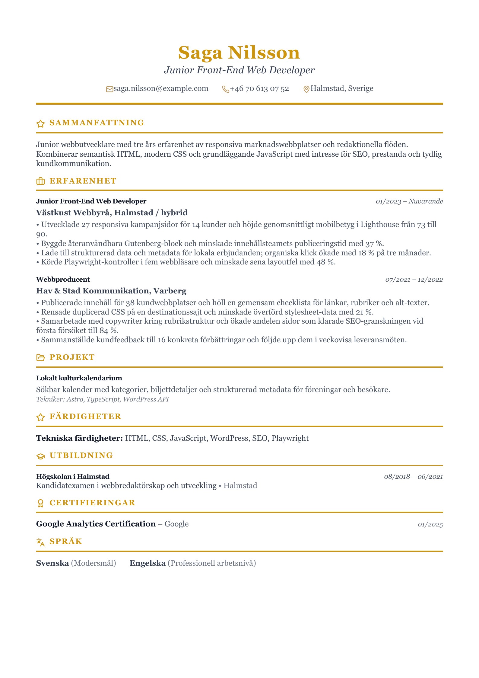 CV för Junior Front-End Web Developer - svenskt CV-exempel