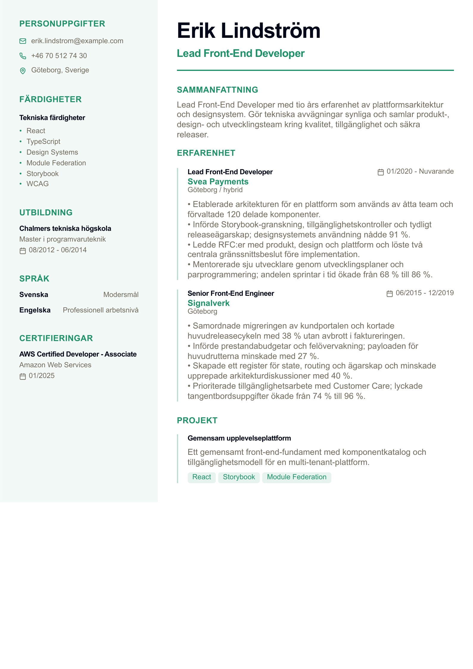 CV för Lead Front-End Developer - svenskt CV-exempel