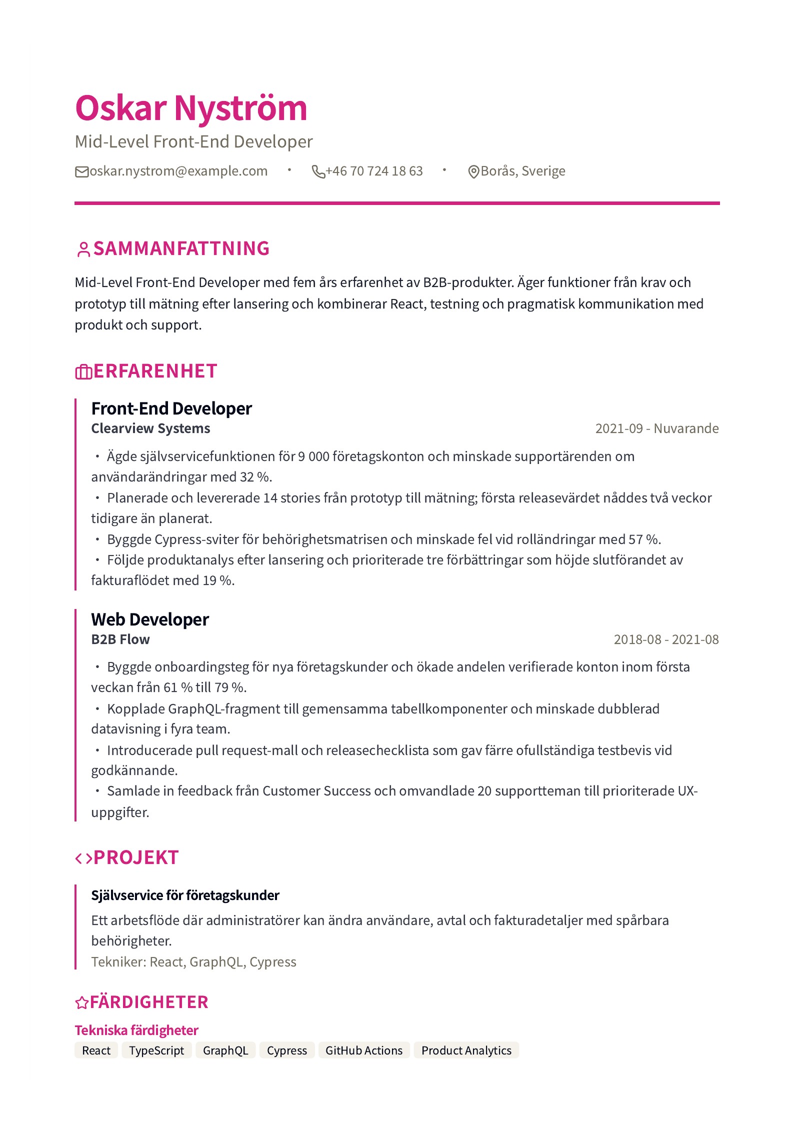 CV för Mid-Level Front-End Developer - svenskt CV-exempel