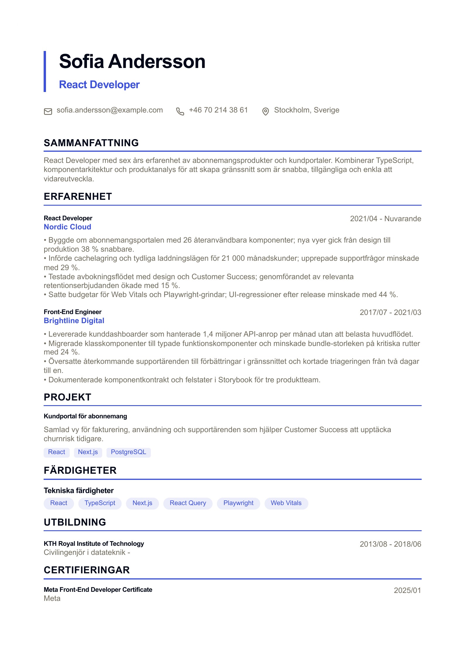 CV för React Developer - svenskt CV-exempel